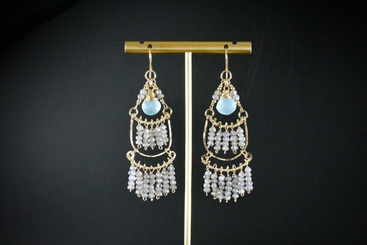 Aqua Chalcedony Labradorite Chandelier Gemstone Earrings, 14K Gold Filled Bohemian Wedding Jewelry