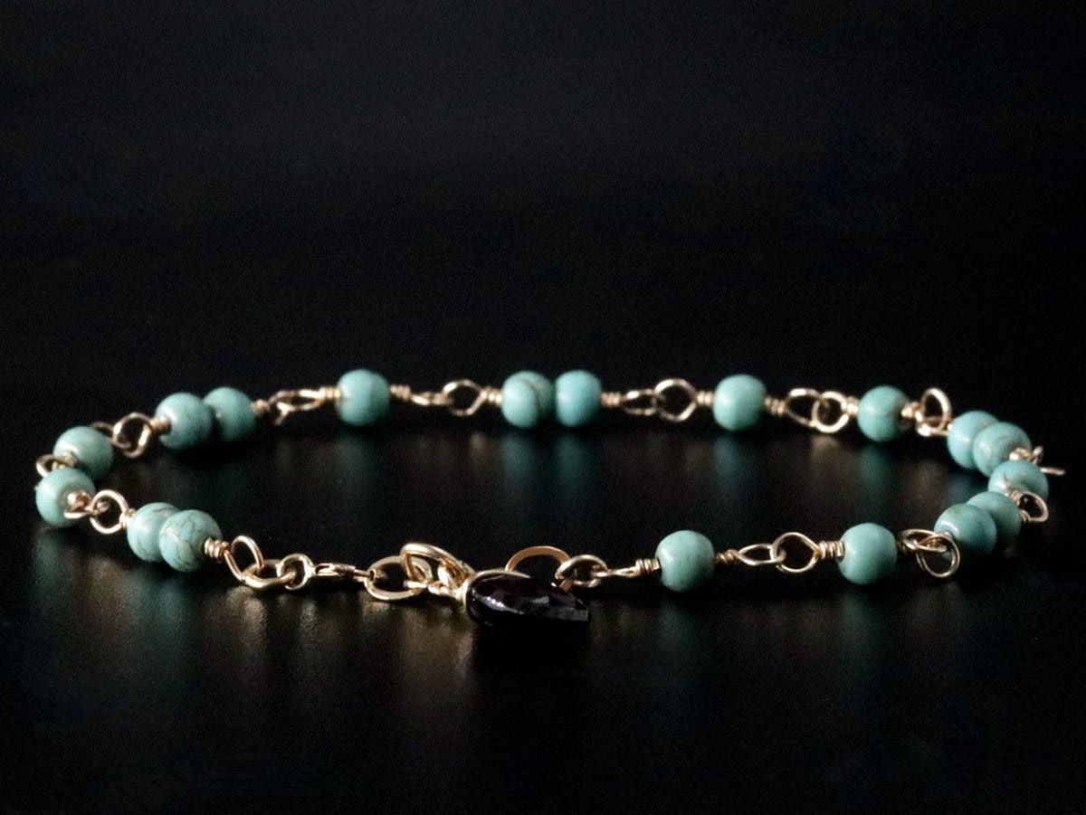 Turquoise Magnesite Garnet Gemstone Bracelet, 14K Gold Filled Rosary Chain Boho Style