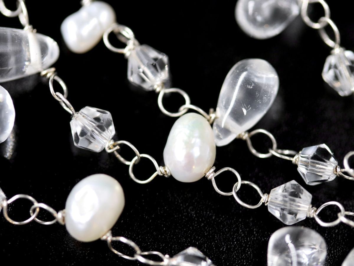 Pink Pearl Rosary Chain Lariat Y Tassel Gemstone Necklace, Sterling Silver, Bohemian