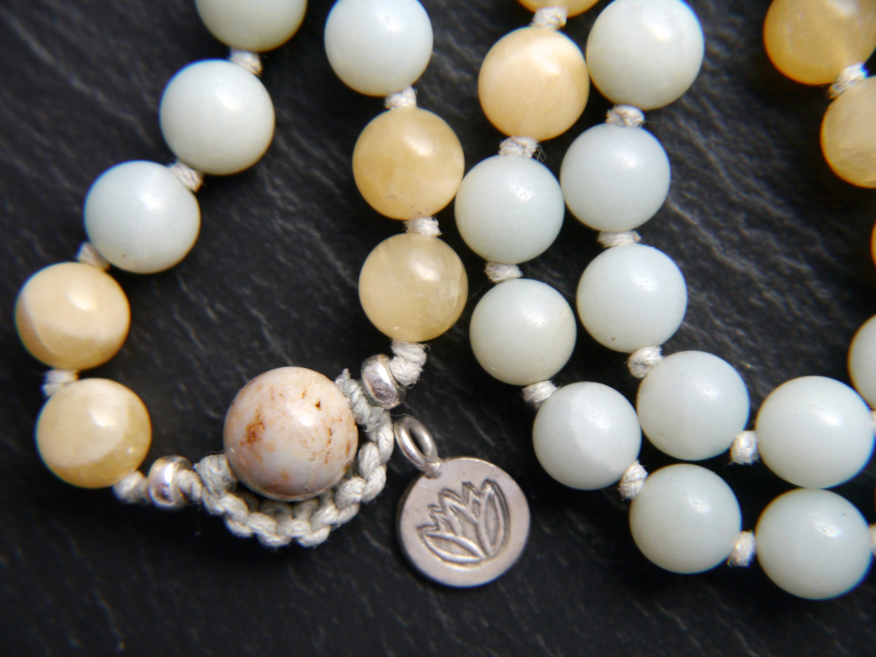 Blue Amazonite Yellow Quartz Mala Beads, 108 Gemstone Beads, Wrap, Hand Knotted