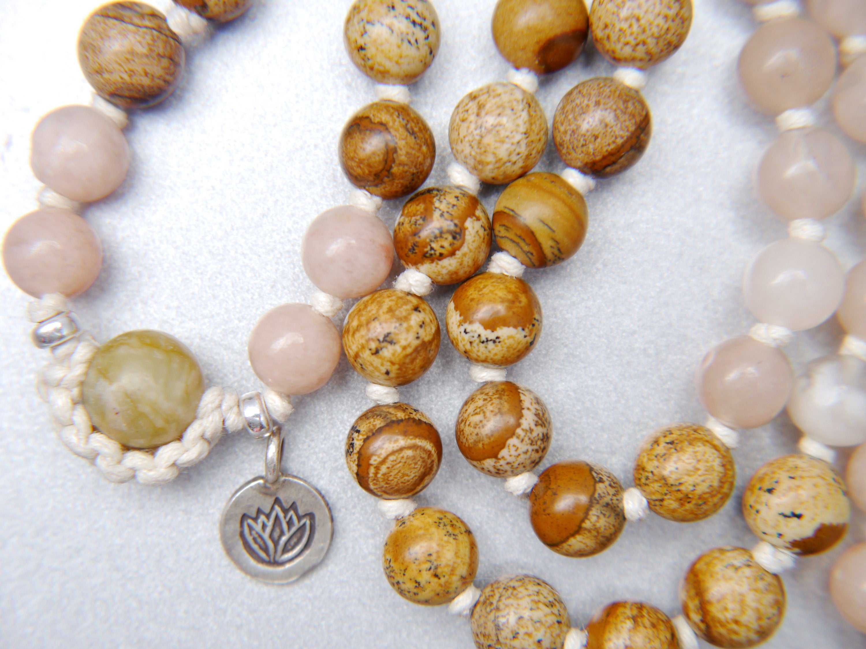 Picture Jasper Pink Aventurine 108 Mala , Hand Knotted , Tibetan Prayer Beads