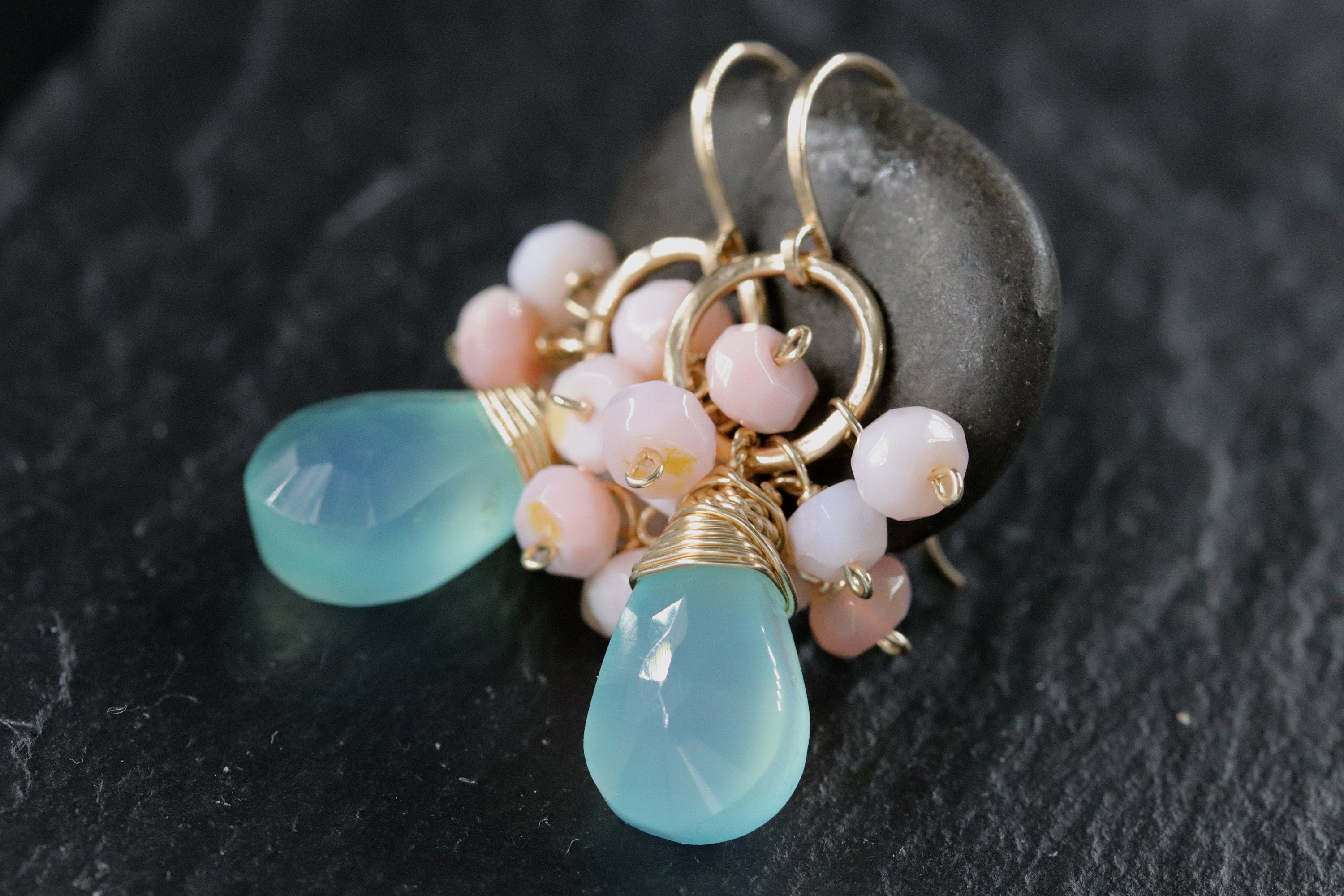 Aqua Chalcedony Briolette Pink Opal Cluster Gemstone Earrings, 14K Gold Filled Botanical Style