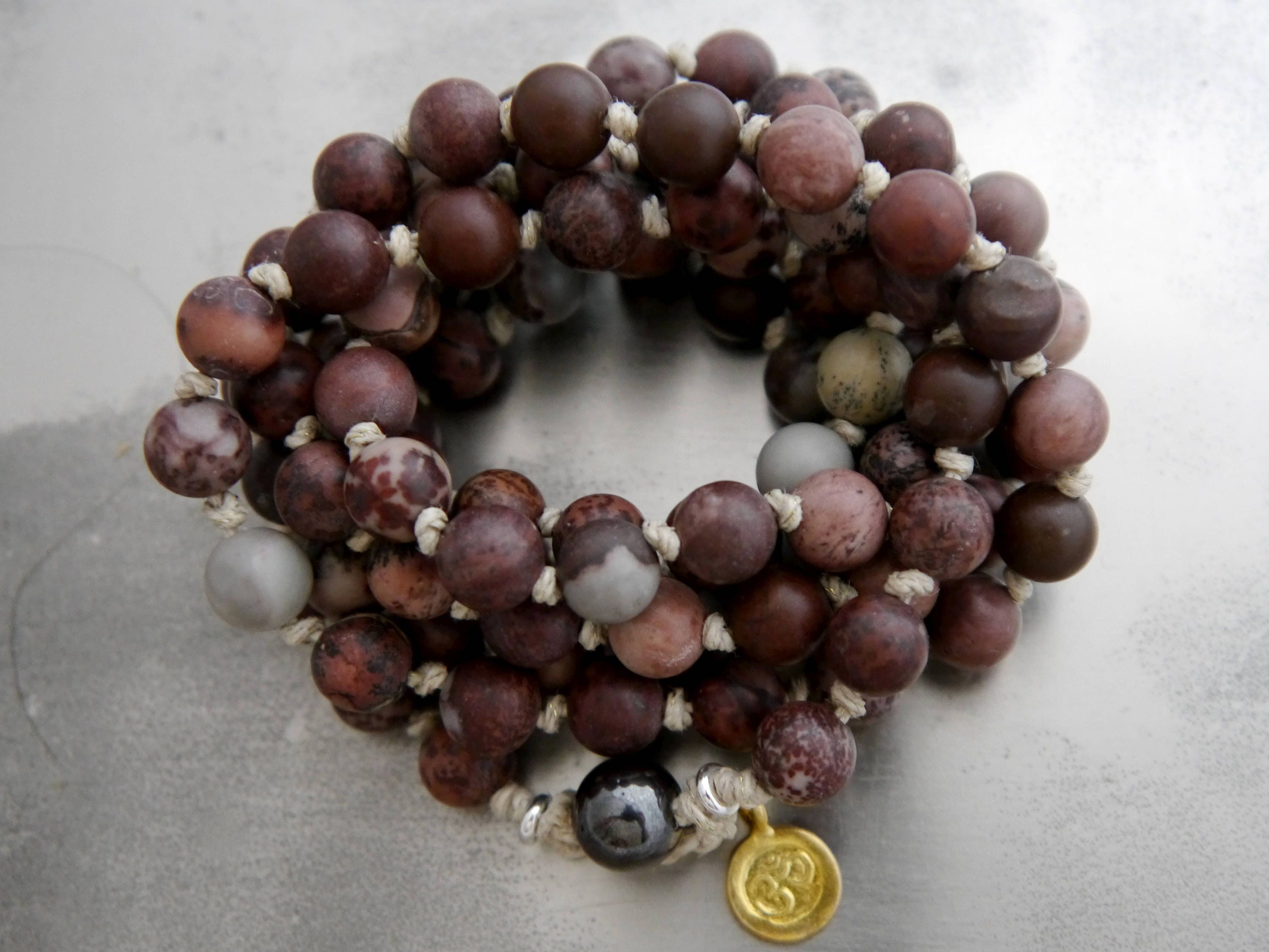Crazy Horse Jasper Mala Beads, 108 Gemstone Beads, Wrap, Hand Knotted
