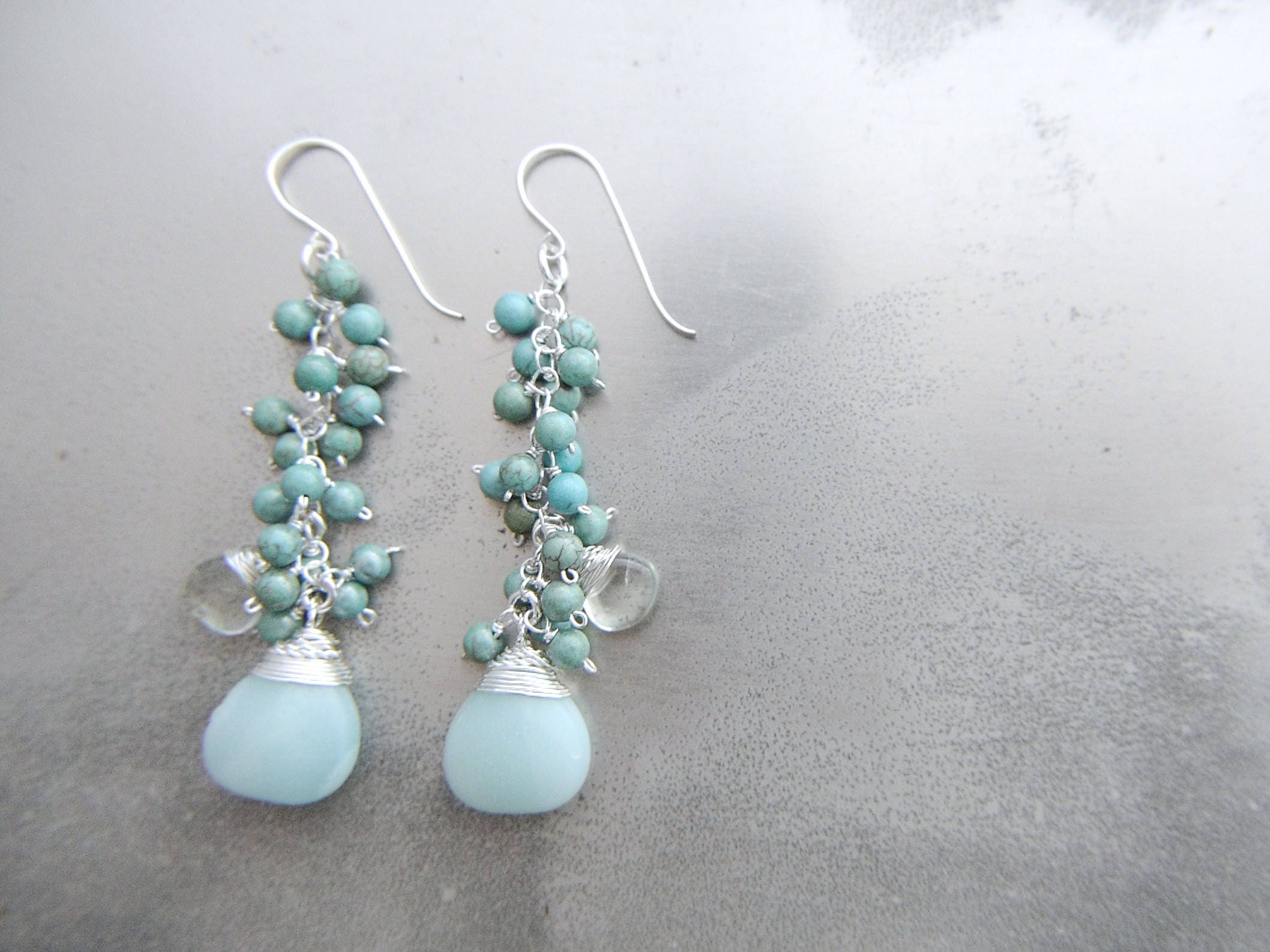 Amazonite Turquoise Magnesite Long Dangle Cluster Gemstone Earrings, Sterling Silver