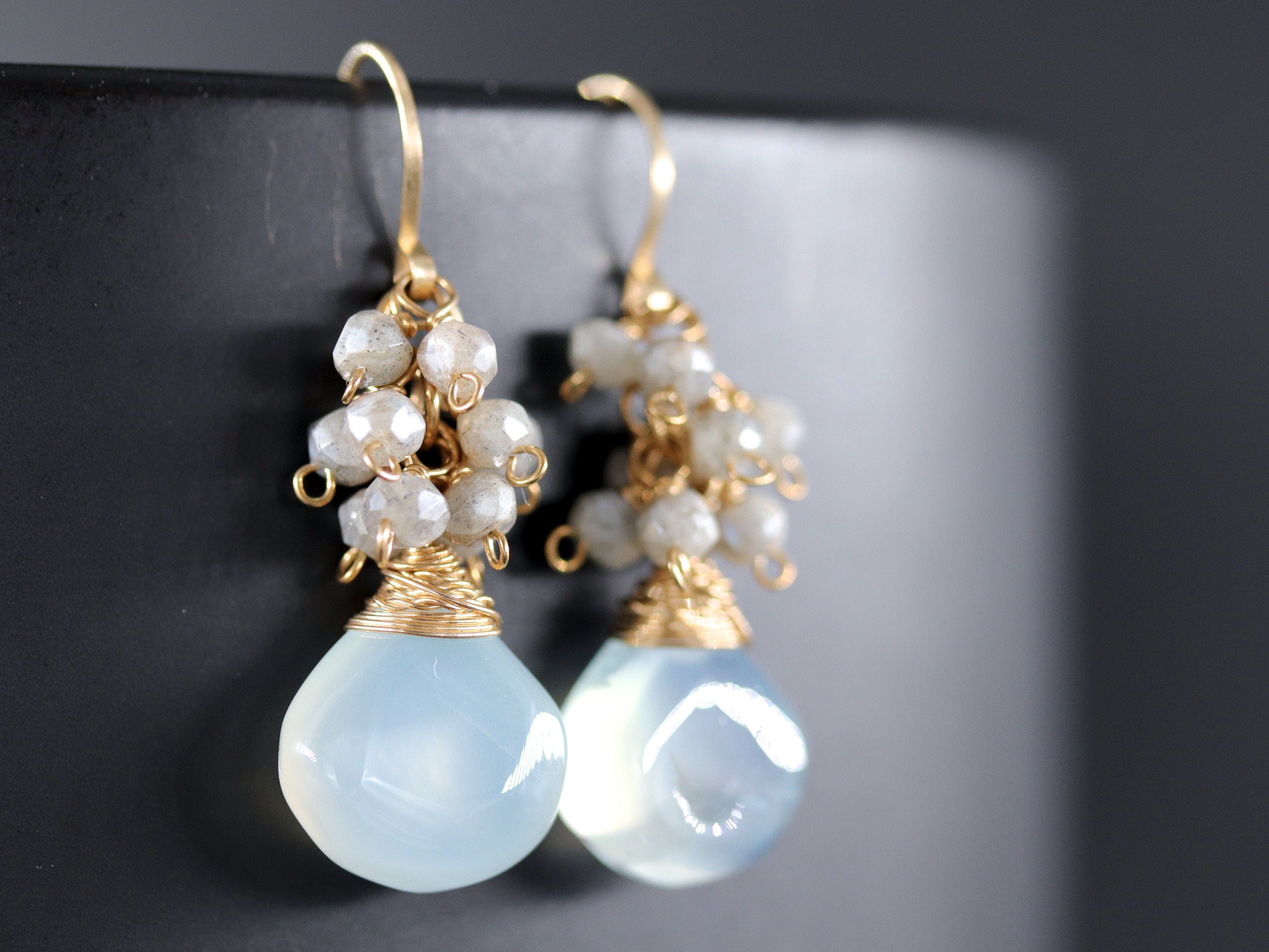 Aqua Chalcedony Briolette Labradorite Cluster Gemstone Earrings, 14K Gold Filled