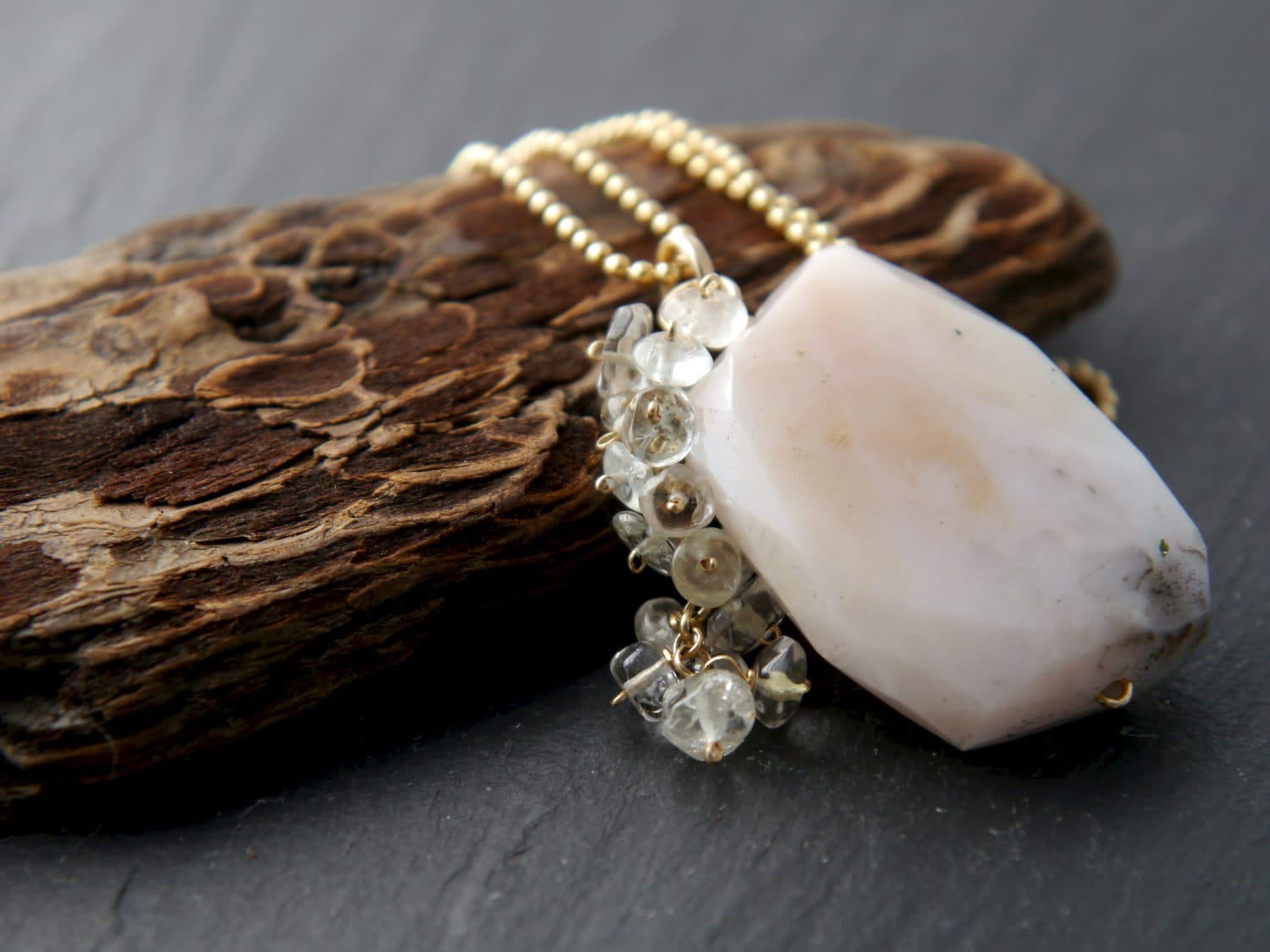 Pink Opal Gemstone Pendant Necklace, 14K Gold Filled, Nature Inspired Jewelry