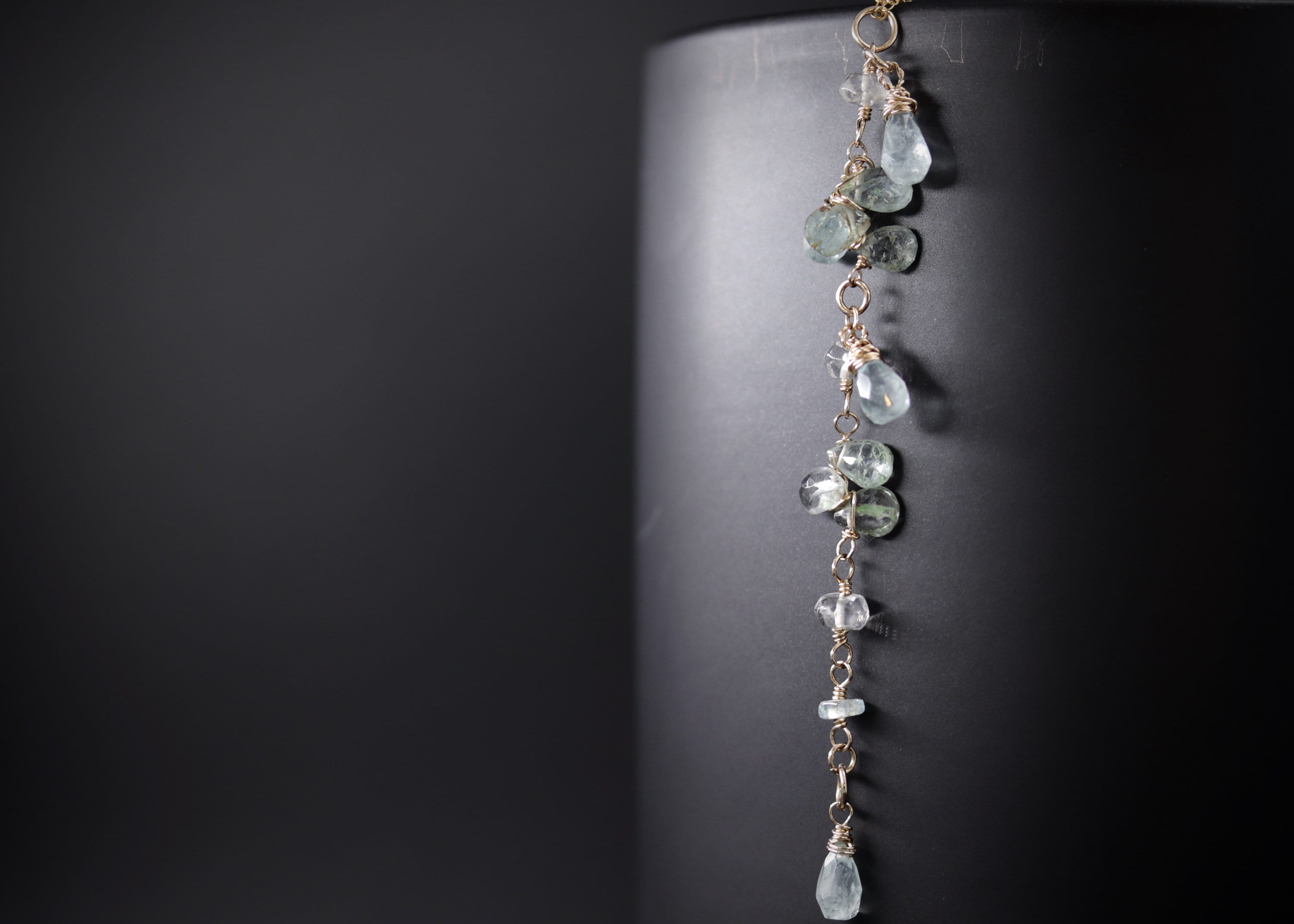 Wire Wrapped Aquamarine Briolette Lariat Y Gemstone Necklace, 14K Gold Filled, Bridal