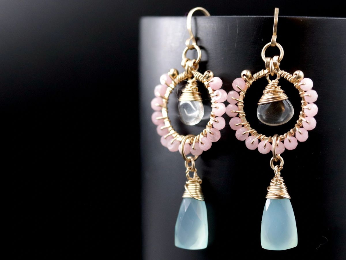 Pink Opal Chalcedony Trillion Briolette Floral Gemstone Earrings, 14K Gold Filled Bohemian Style