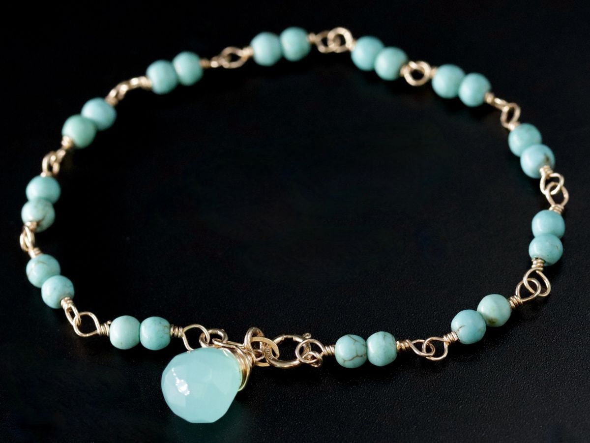 Turquoise Magnesite Aqua Chalcedony Gemstone Bracelet, 14K Gold Filled Rosary Chain, Beading