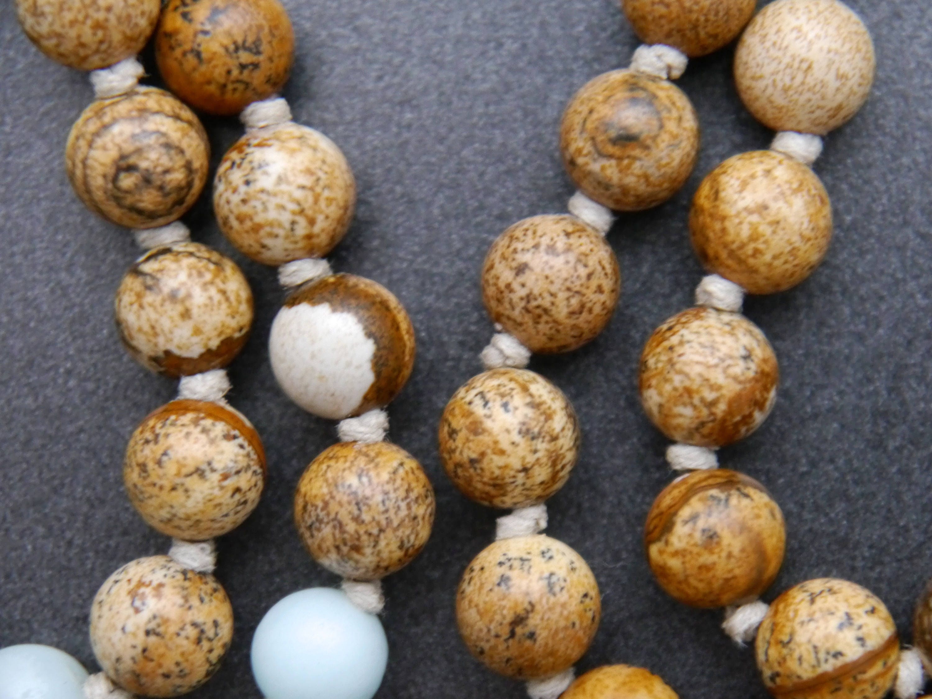 Earth Tone Picture Jasper Blue Amazonite Mala Beads, 108 Gemstone Beads, Wrap, Hand Knotted