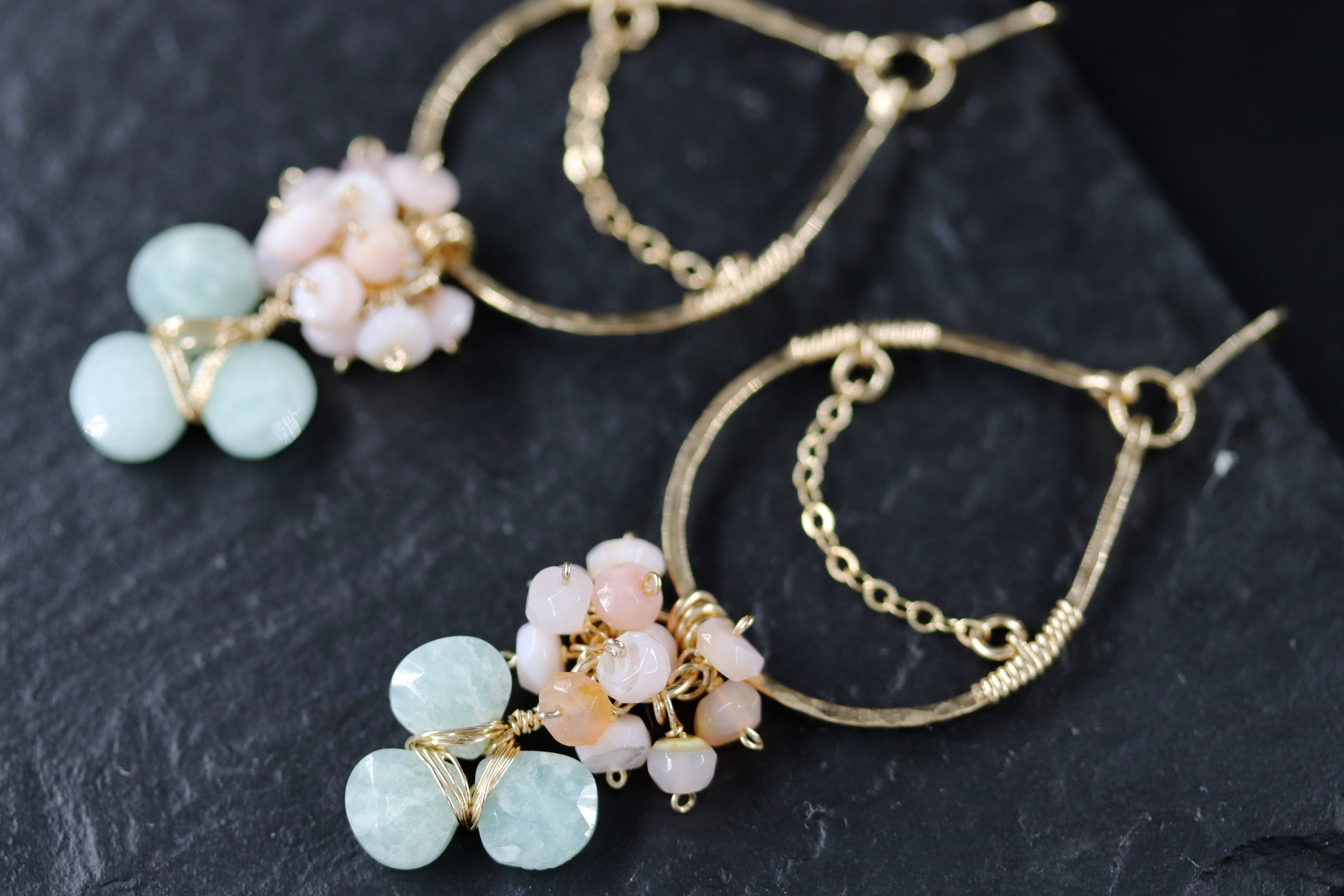 Pink Opal Amazonite Floral Chandelier Gemstone Earrings, 14K Gold Filled Botanical Wedding