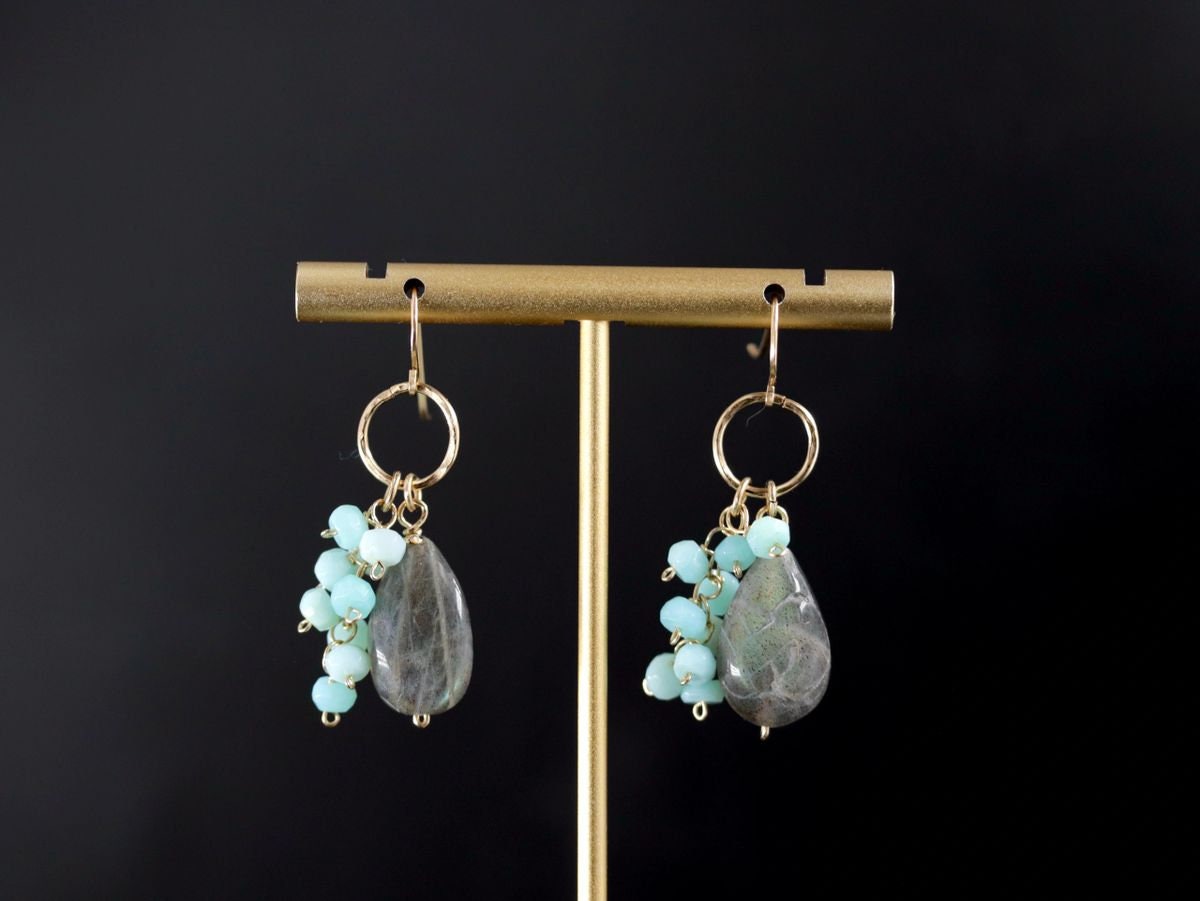 Labradorite Blue Opal Dangle Gemstone Earrings, 14K Gold Filled Celestial Style