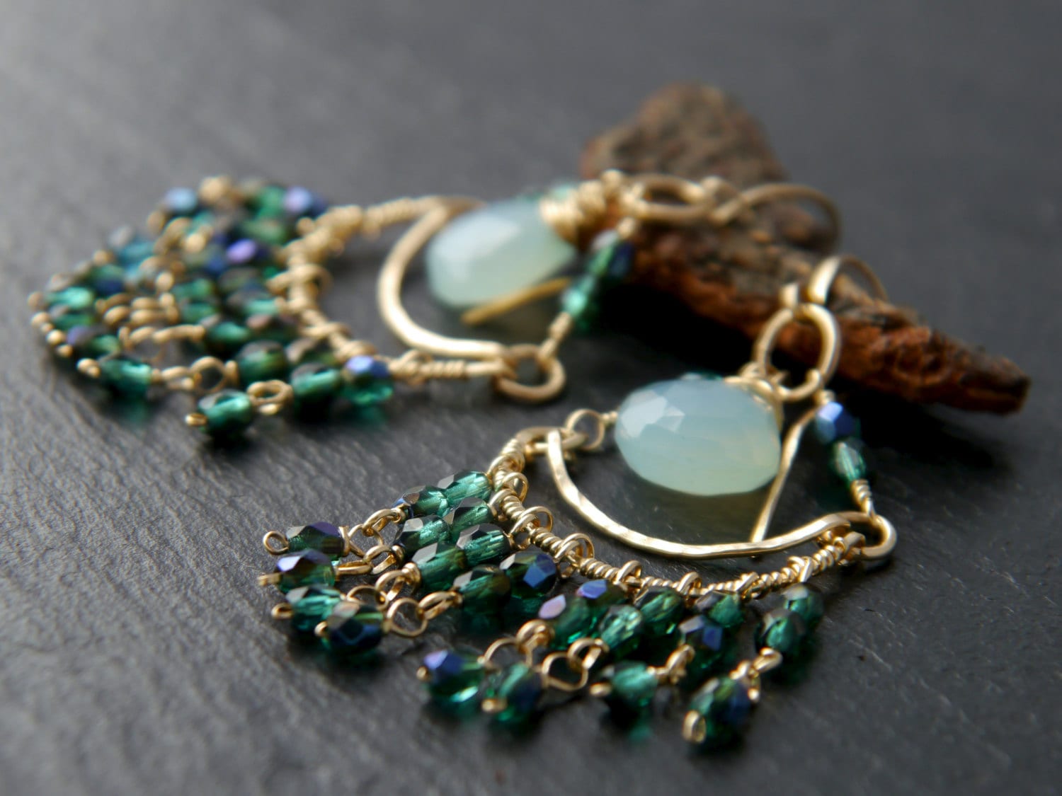 Aqua Chalcedony Chandelier Fringe Gemstone Earrings, 14K Gold Filled Boho Style