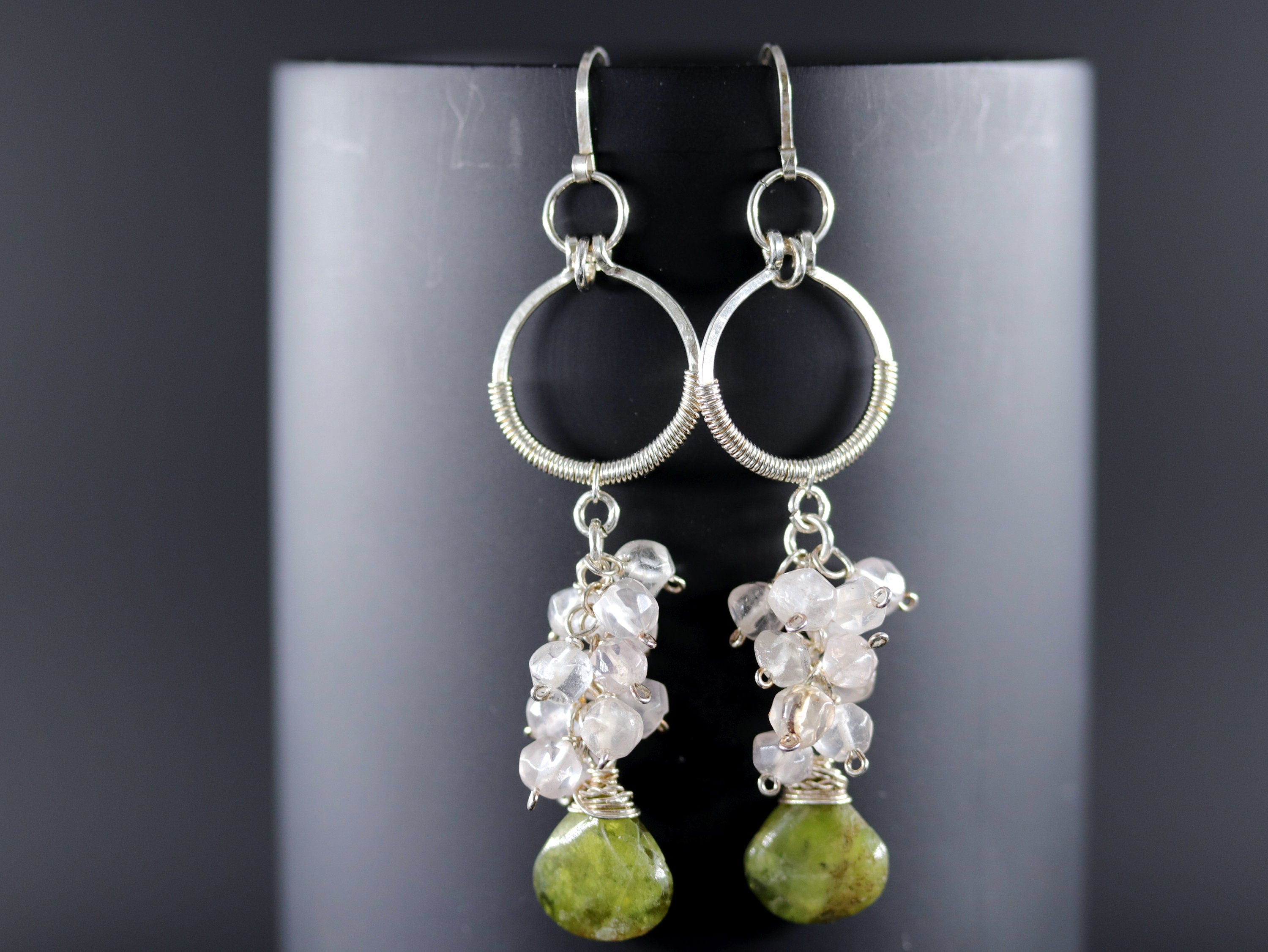 Green Vesuvianite Rose Quartz Gemstone Earrings, Sterling Silver Bohemian Style