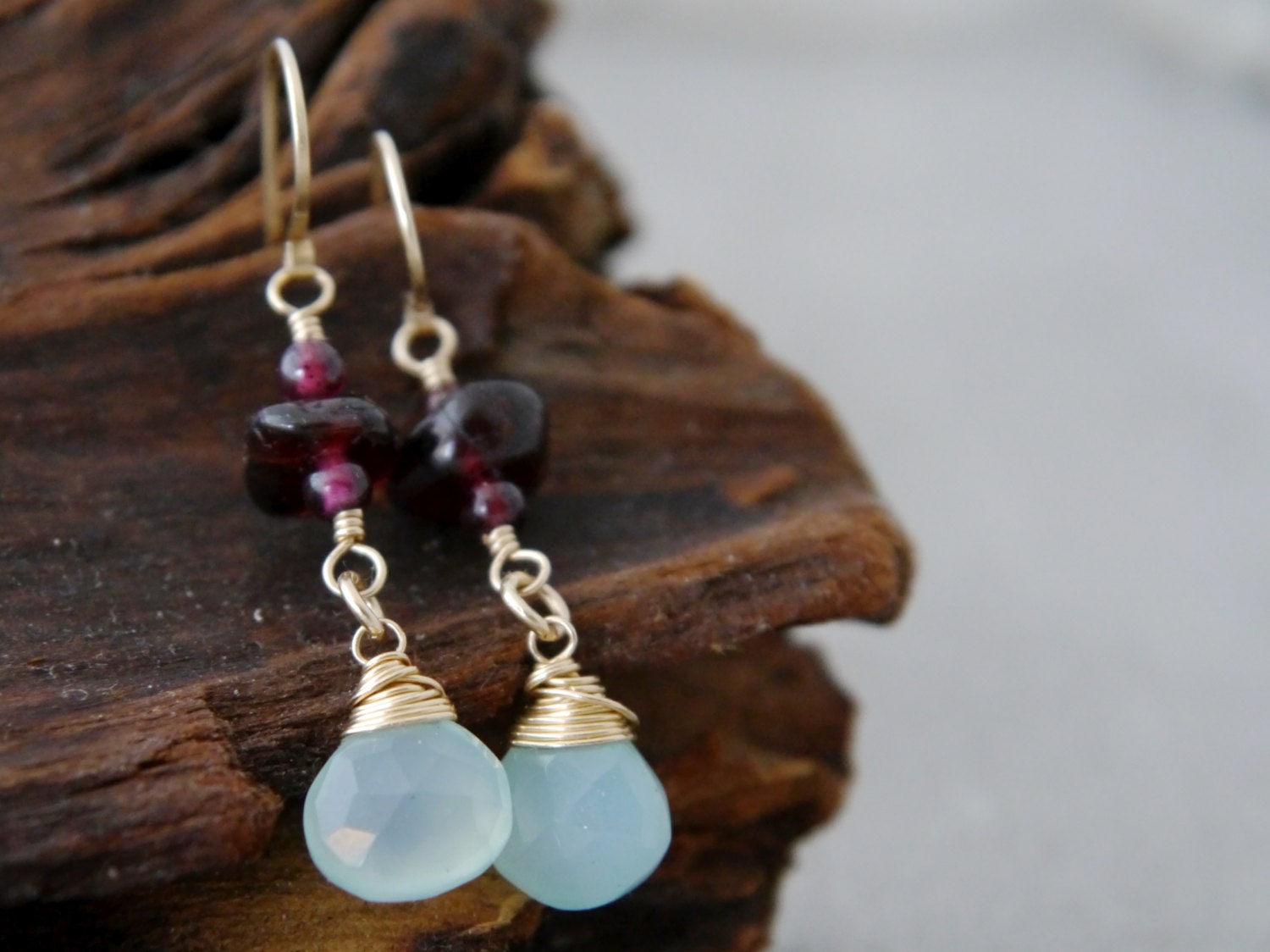 Aqua Chalcedony Heart Briolette Garnet, Gemstone Earrings, 14K Gold Filled Bohemian Jewelry