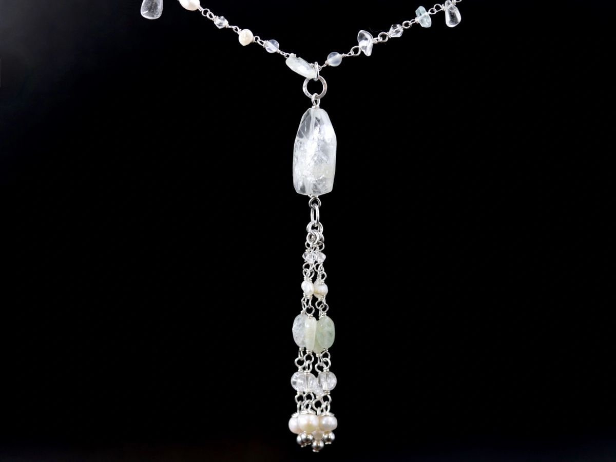 Aquamarine Pearl Rosary Chain Lariat Y Gemstone Necklace, Sterling Silver, Bohemian