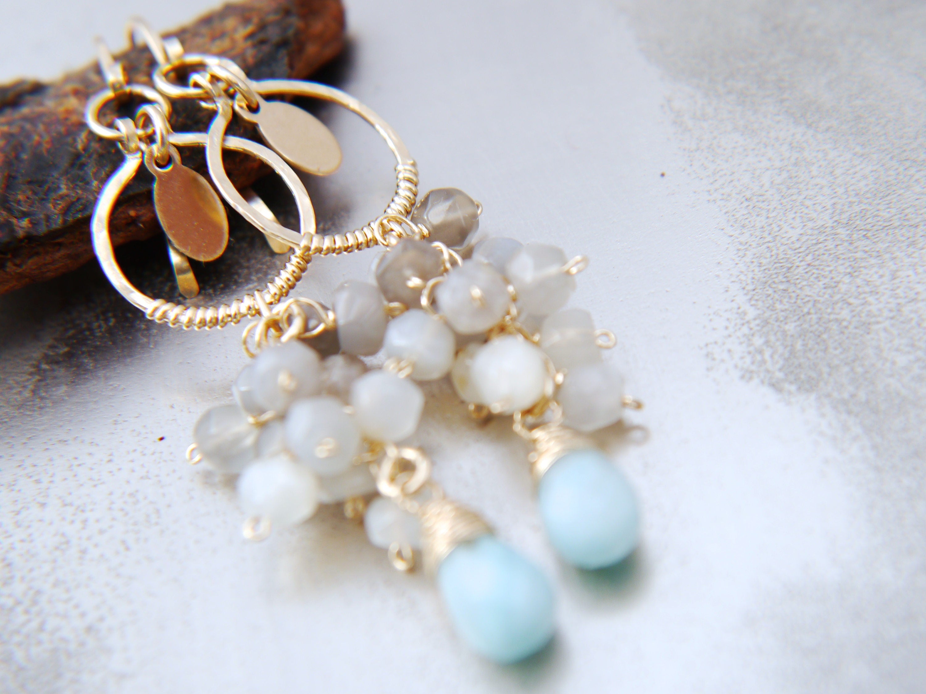 Moonstone Amazonite Cluster Gemstone Earrings 14K Gold Filled Nature Inspired