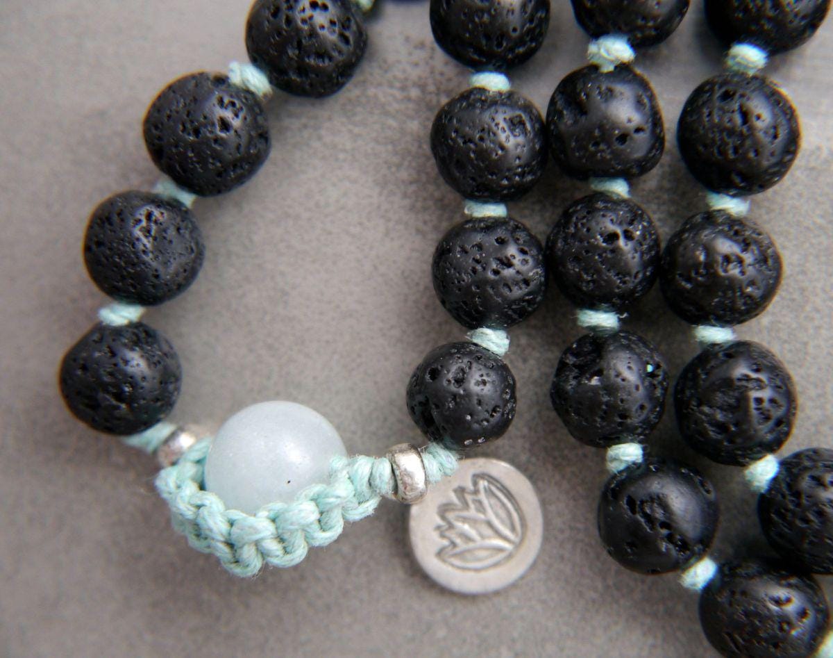 Black Lava Rock 108 Mala Bead , Wrap, Hand Knotted Tibetan Prayer Beads