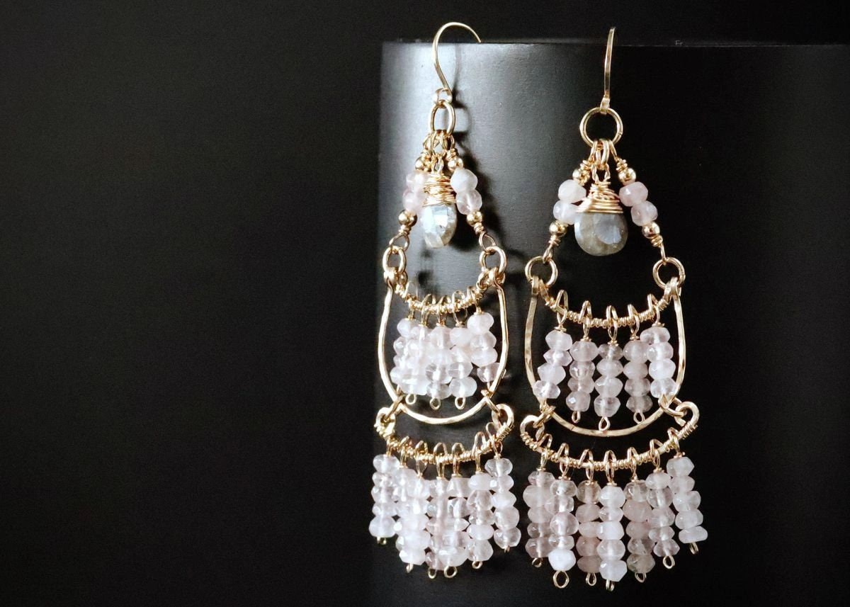 Rose Quartz Labradorite Fringe Chandelier Gemstone Earrings, 14K Gold Filled