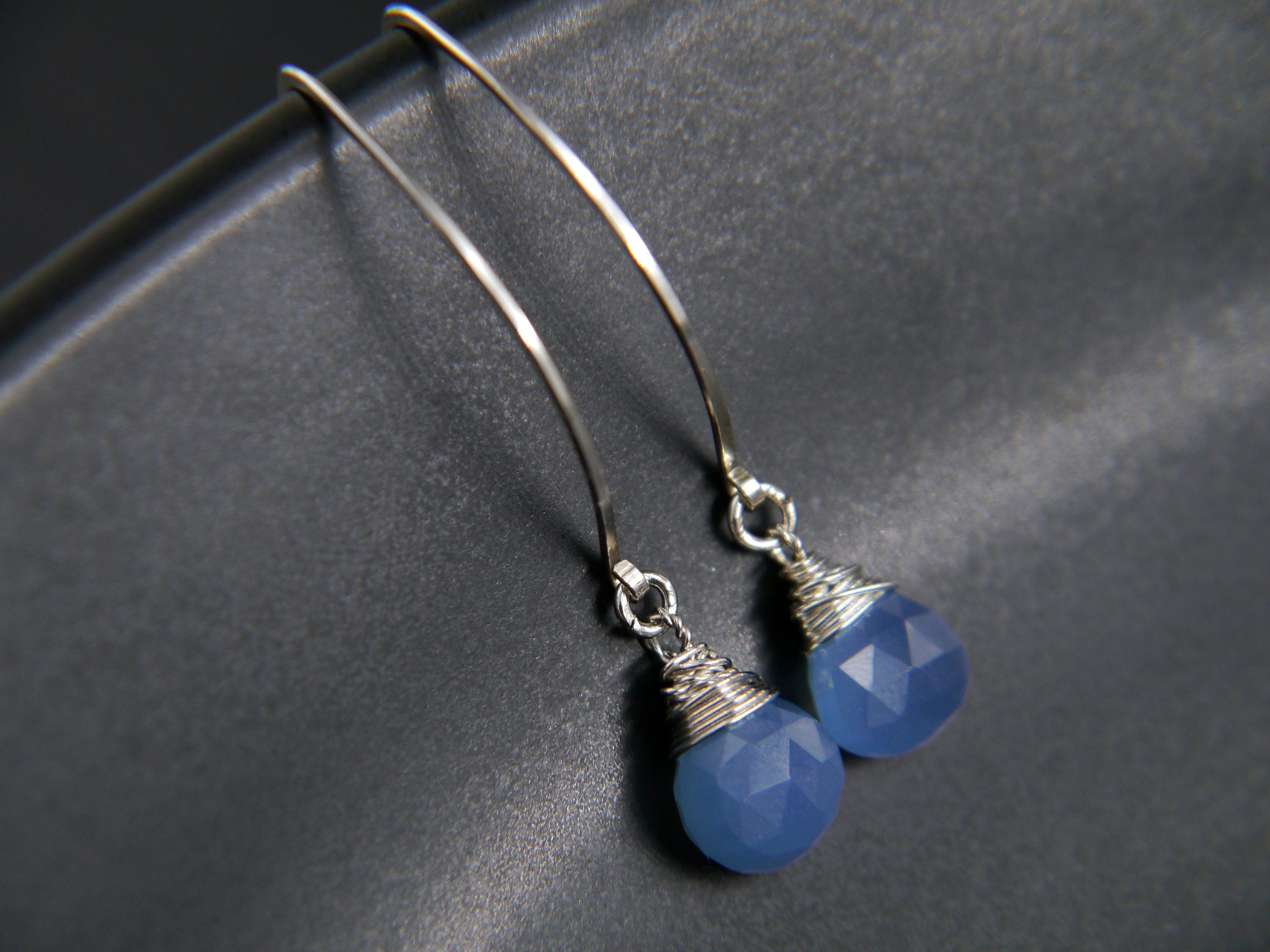 Aqua Chalcedony Long Hoop Dangle Gemstone Earrings, Sterling Silver