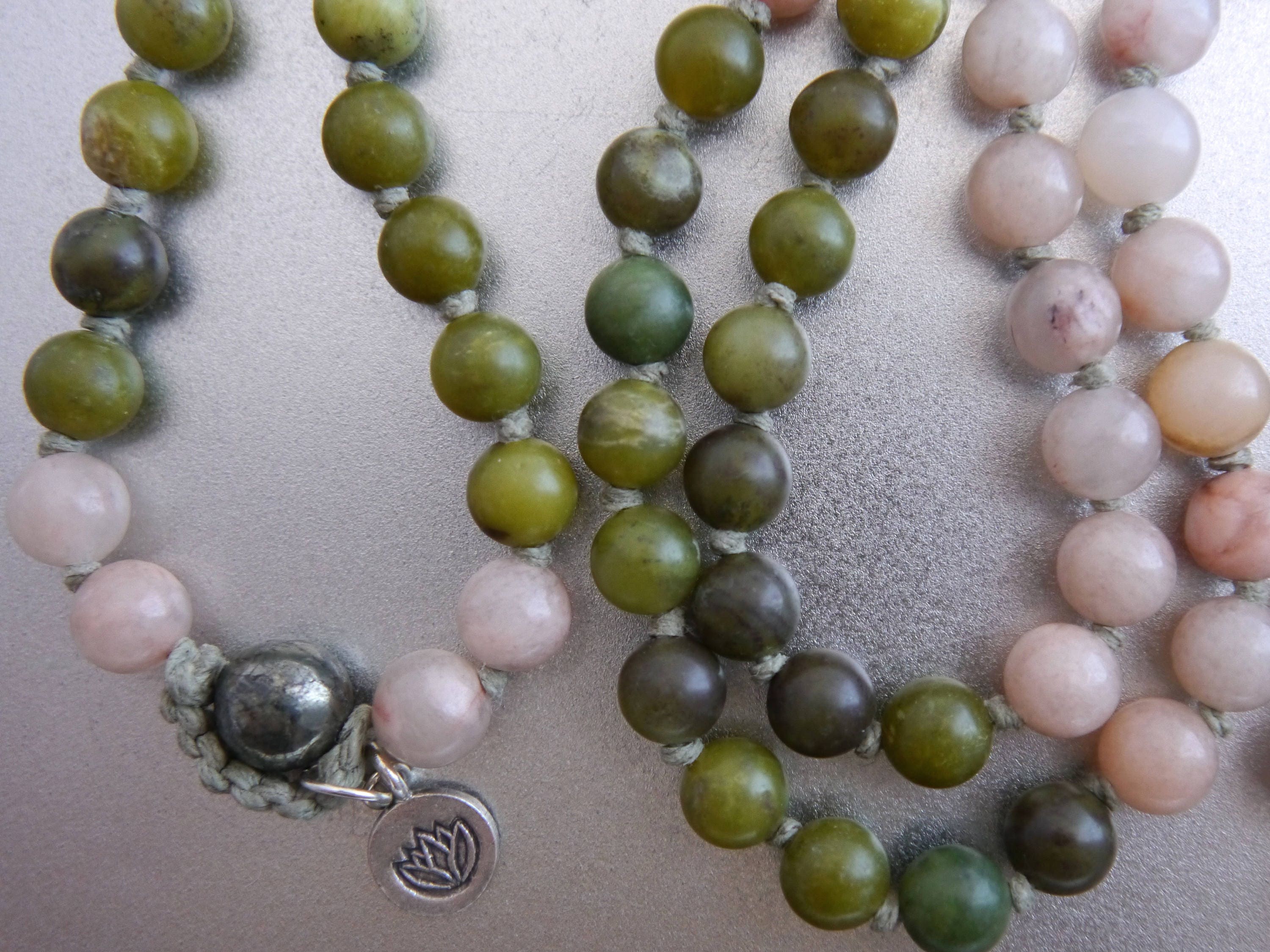 Pink Aventurine Green Serpentine Mala Beads, 108 Gemstone , Hand Knotted