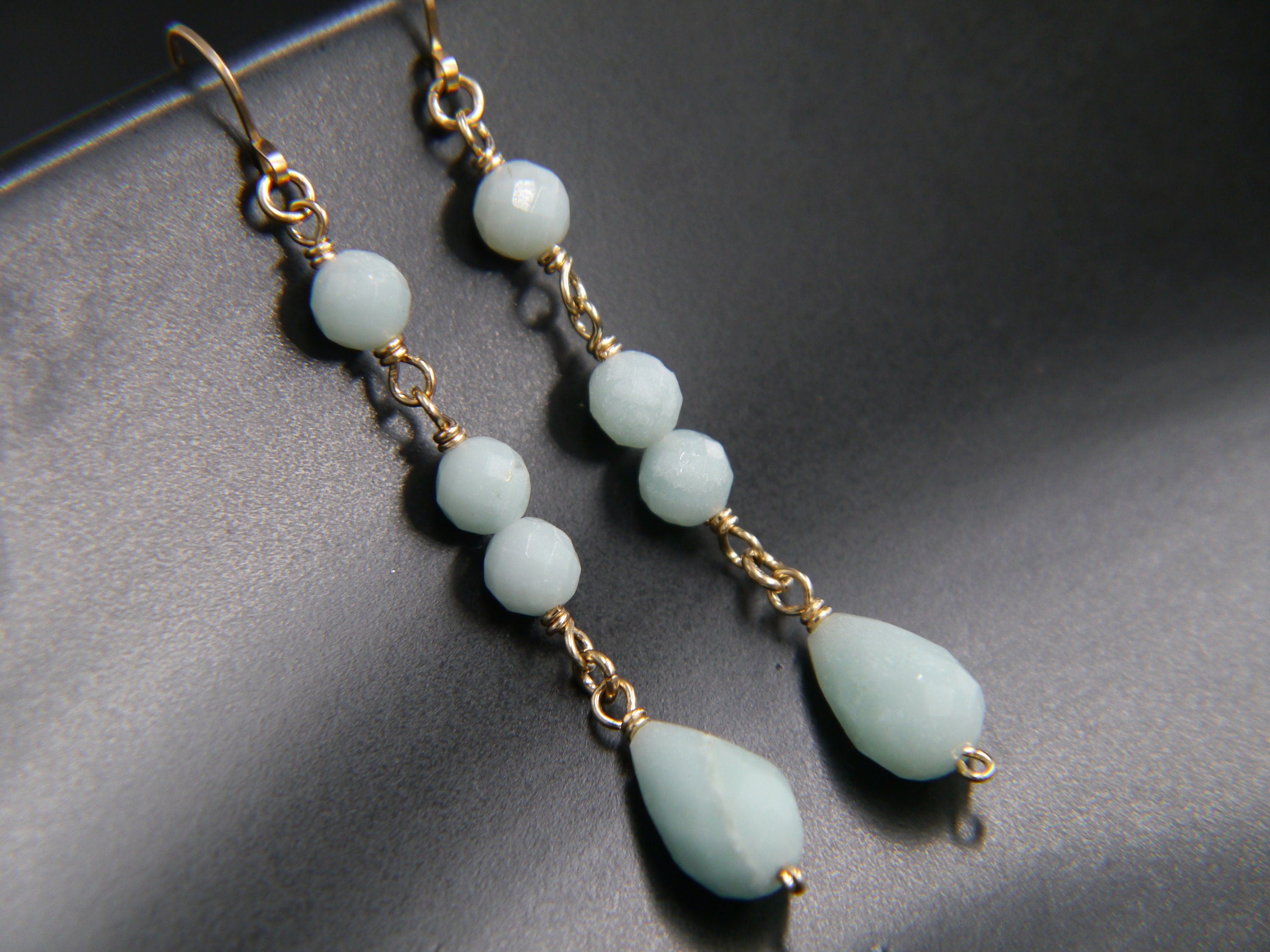 Aqua Amazonite Long Dangle Earrings, 14K Gold Filled Linear Drop, Minimal Jewelry