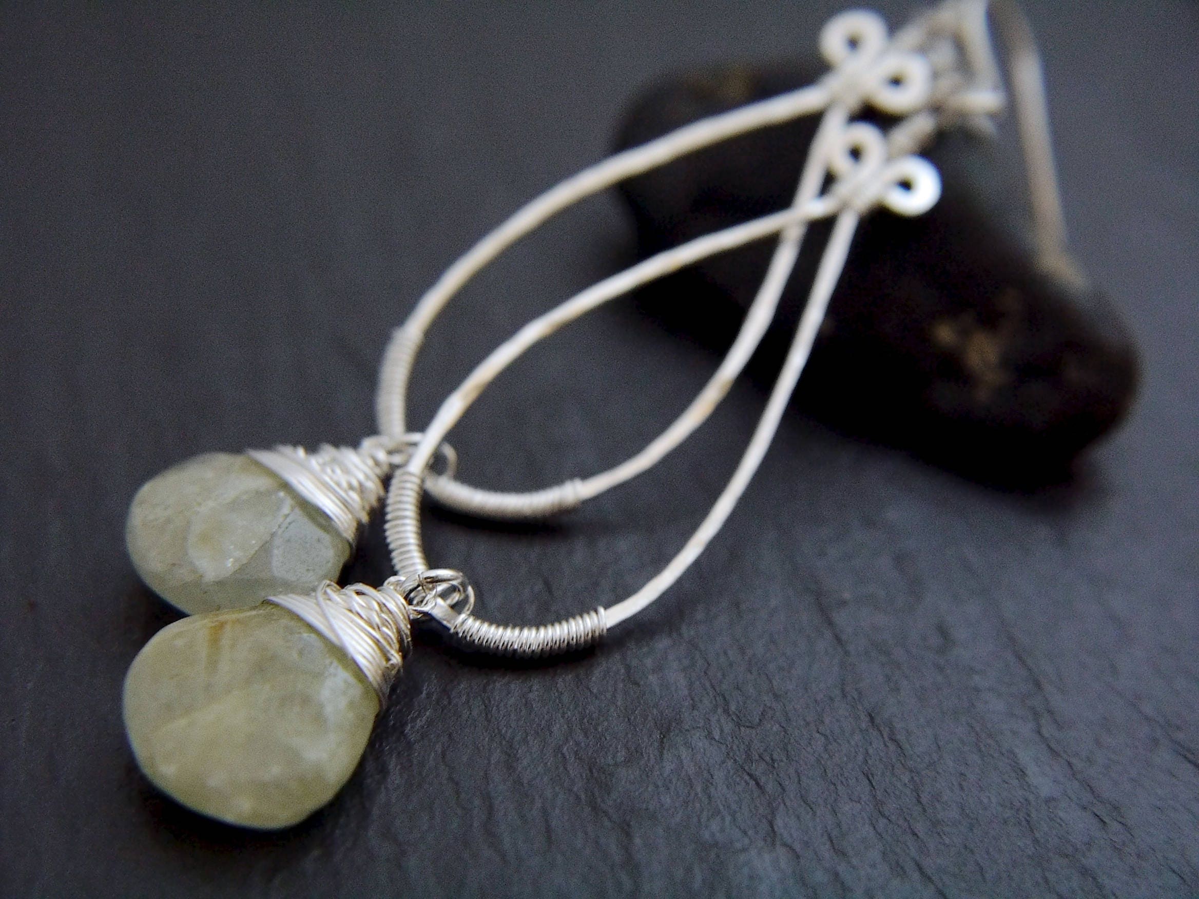 Wire Wrapped Aquamarine Teardrop Dangle Gemstone Earrings, Sterling Silver, Bridal