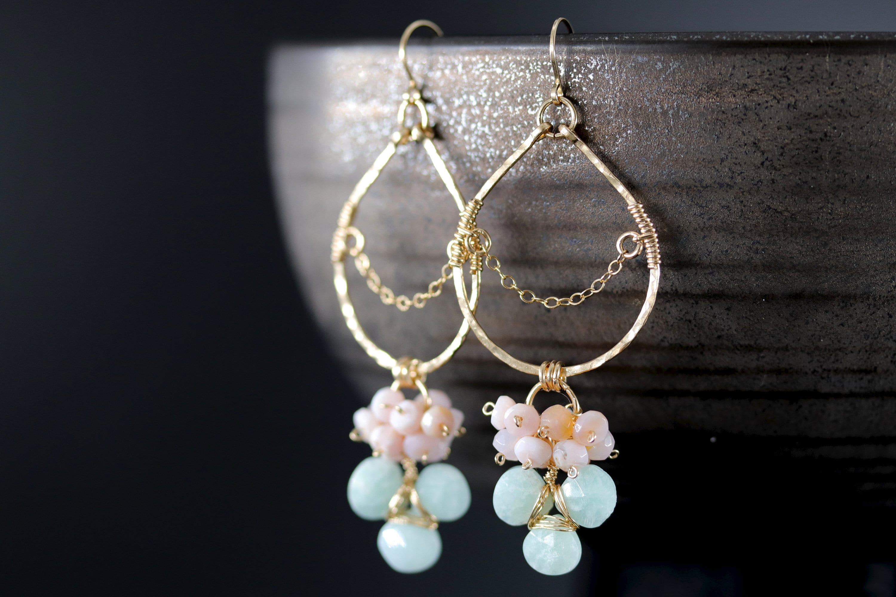 Pink Opal Amazonite Floral Chandelier Gemstone Earrings, 14K Gold Filled Botanical Wedding