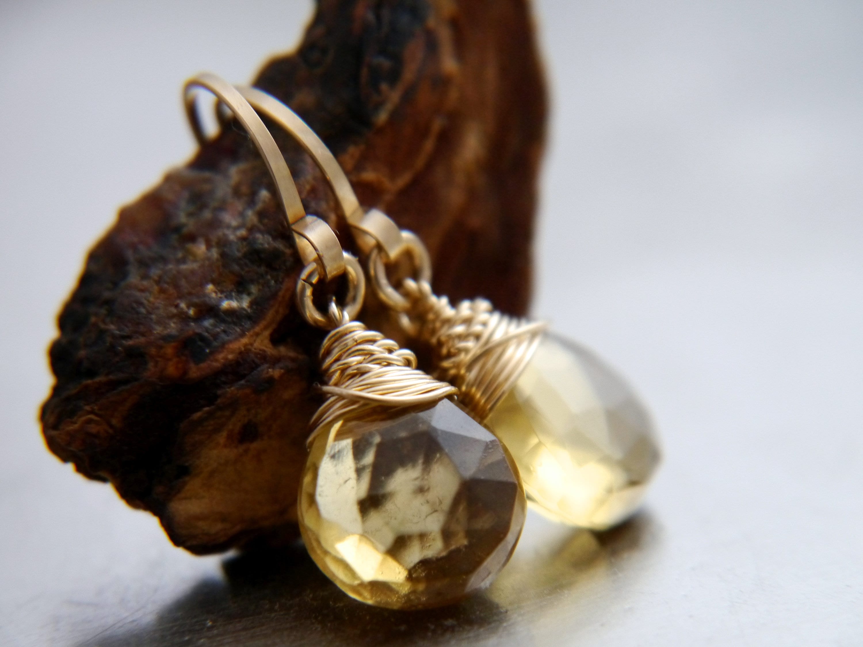 Beer Quartz Drop Earrings, Gold Filled Wire Wrapped Gemstone Wedding Bride