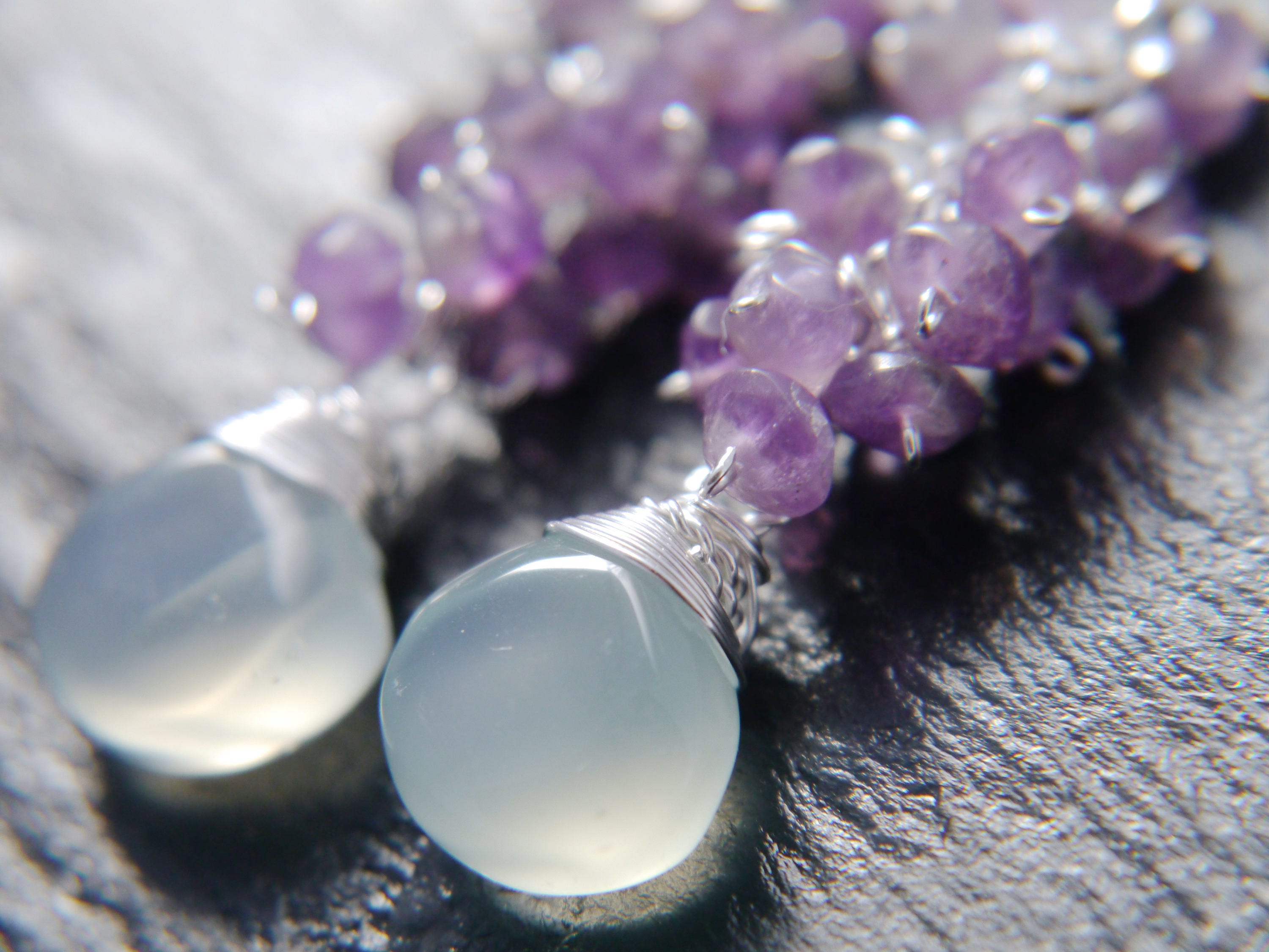Aqua Chalcedony Amethyst Long Dangle Gemstone Earrings, Sterling Silver