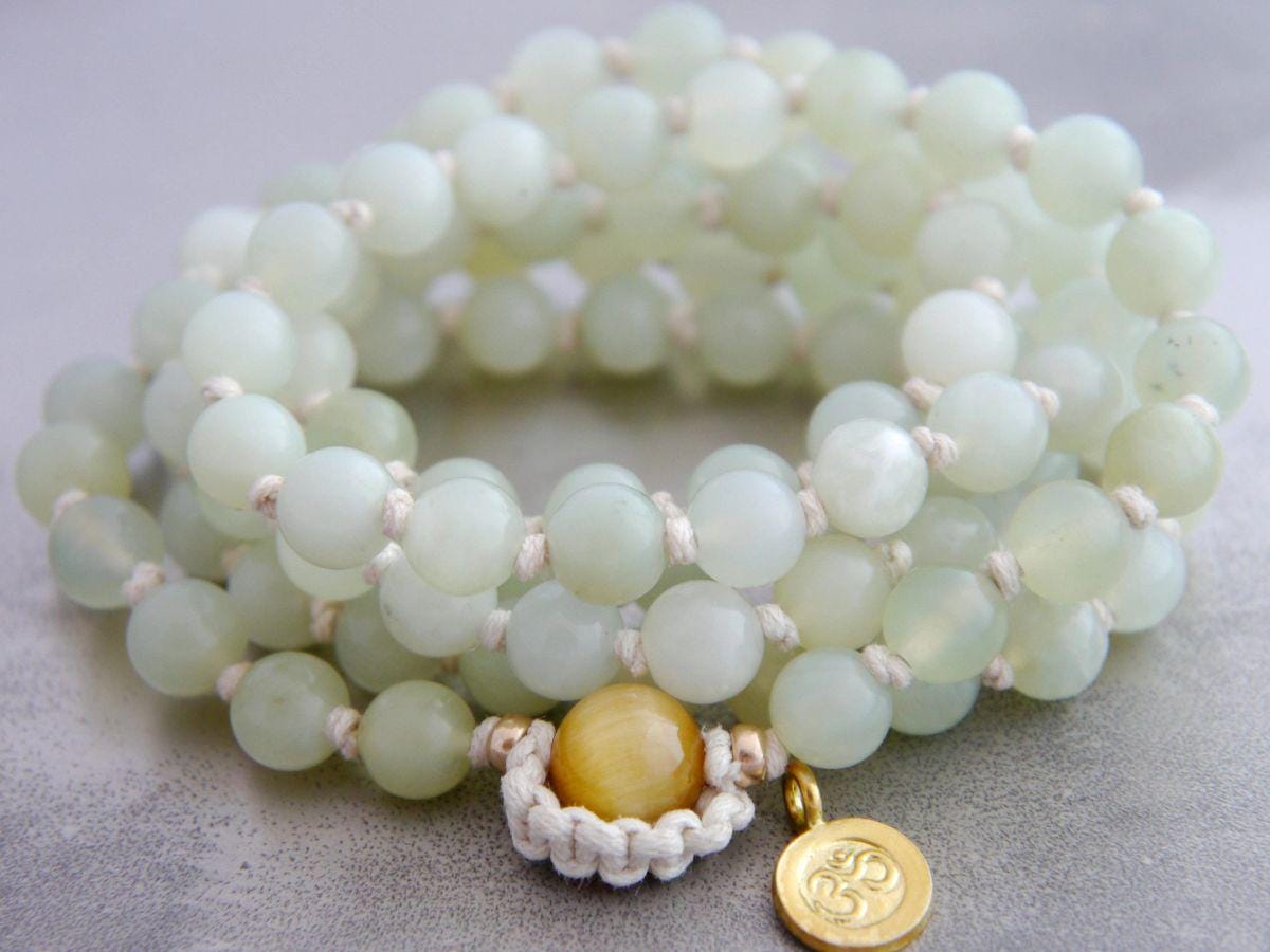 Sea Green Serpentine Mala Beads, 108 Gemstone Beads, Wrap, Hand Knotted