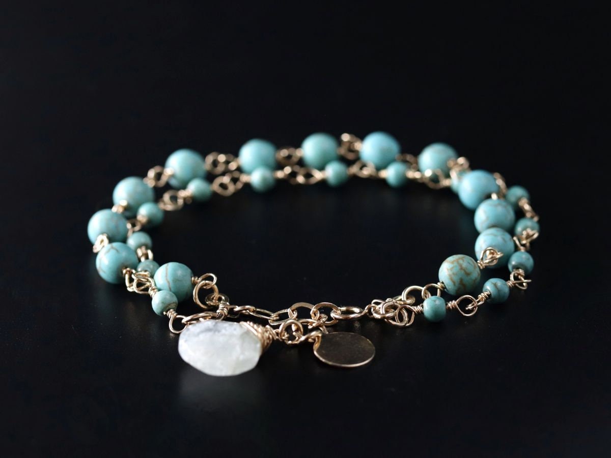 Turquoise Magnesite Aquamarine Layering Gemstone Bracelet – 14K Gold Filled Chain, March Birthstone