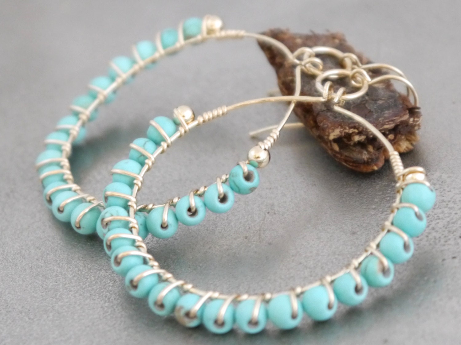 Chalk Turquoise Hoop Gemstone Earrings, 14K Gold Filled Summer Style