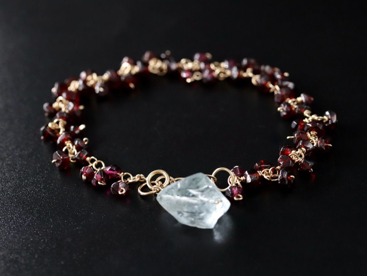 Garnet Aquamarine Gemstone Bracelet, 14K Gold Filled Raw , January Birthstone