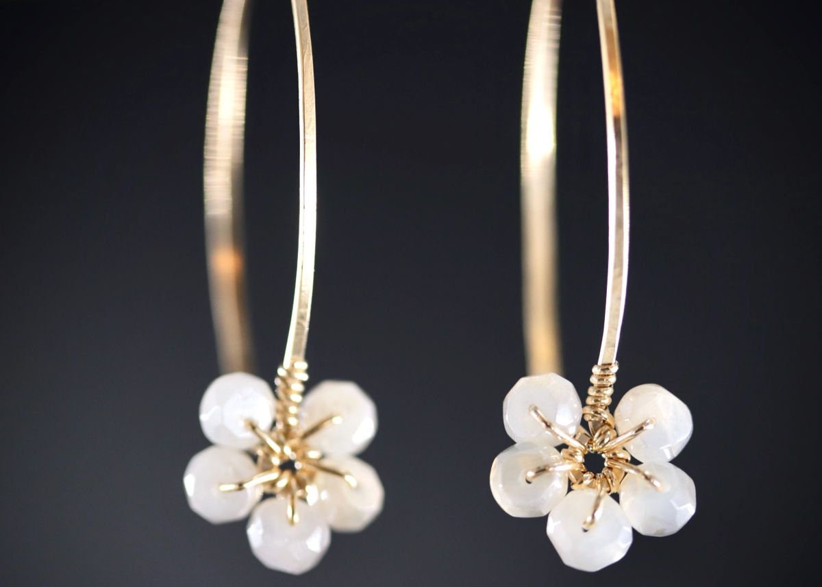 Moonstone Floral Hoop Gemstone Earrings, 14K Gold Filled Nature Inspired