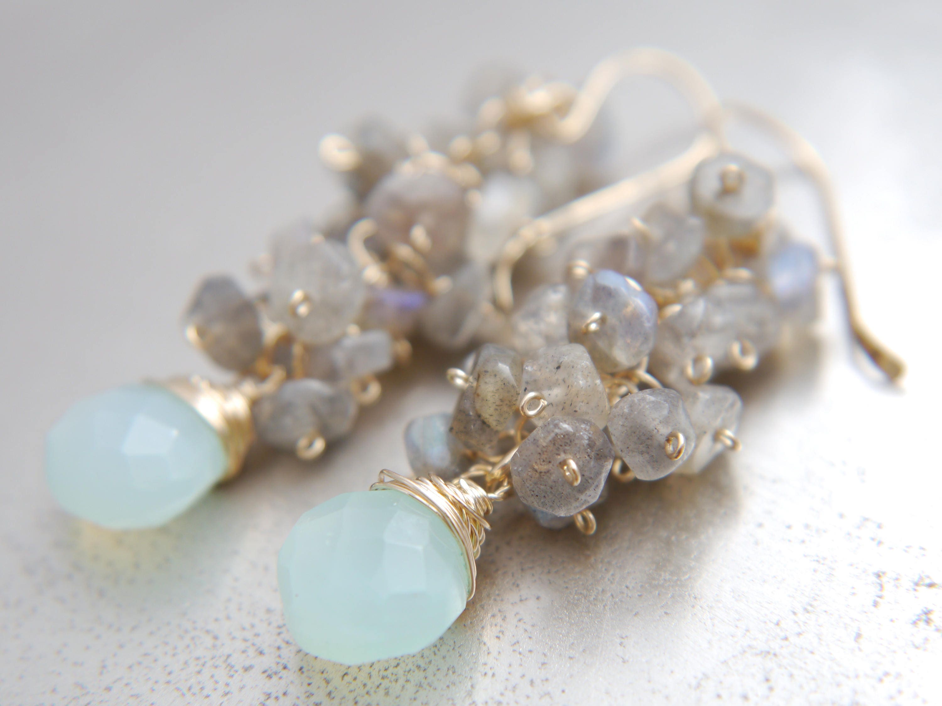 Aqua Chalcedony Briolette Labradorite Cluster Gemstone Earrings, 14K Gold Filled Romantic Style