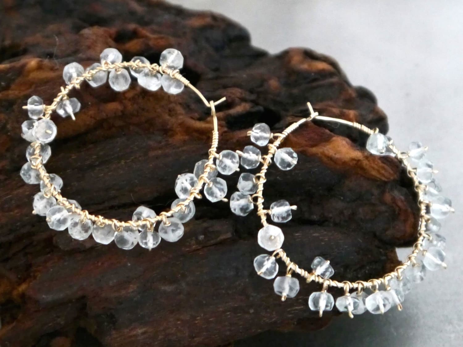 Aquamarine Floral Cluster Fringe Hoop Gemstone Earrings, 14K Gold Filled Unique Boho