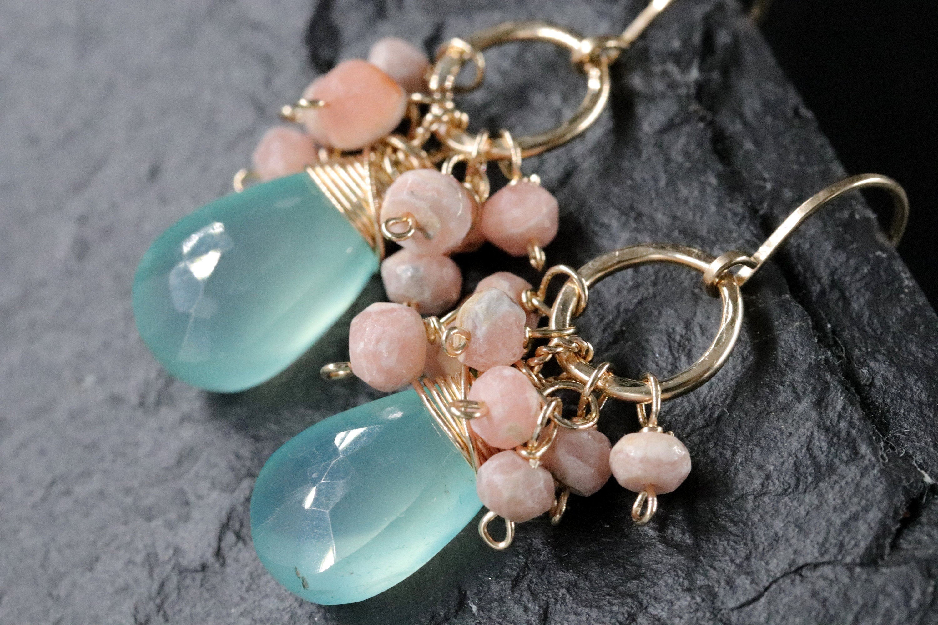 Aqua Chalcedony Pink Rhodonite Floral Cluster Gemstone Earrings, 14K Gold Filled