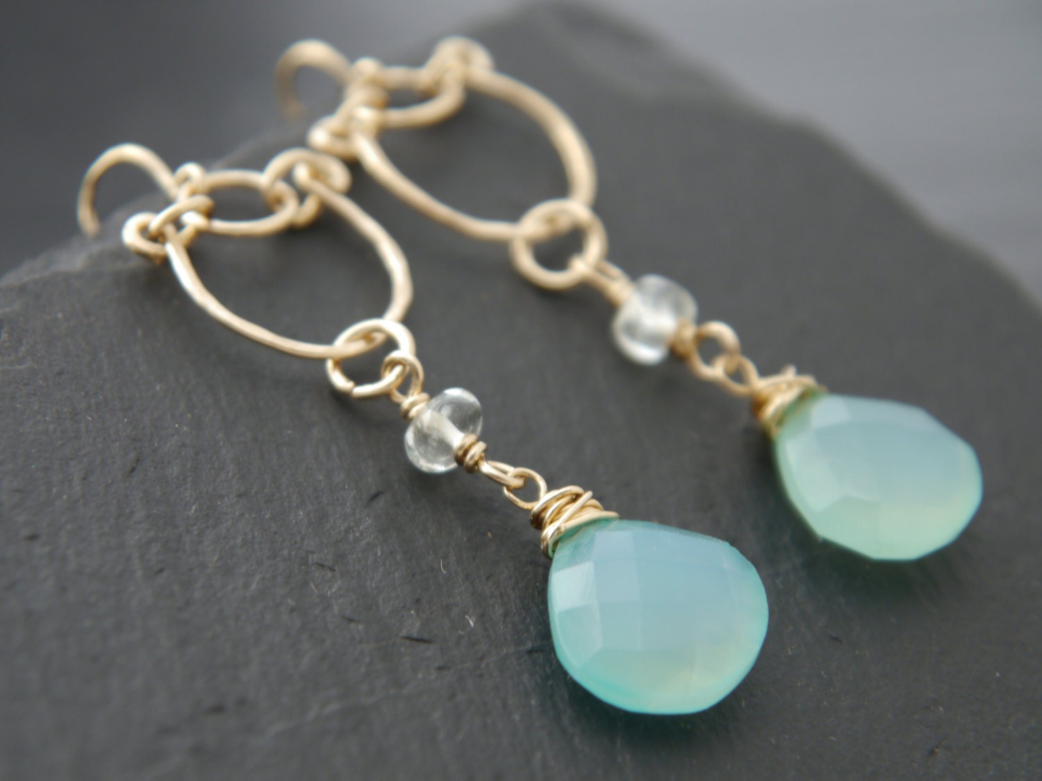 Aqua Chalcedony Heart Chandelier Gemstone Earrings, 14K Gold Filled Bohemian Wedding