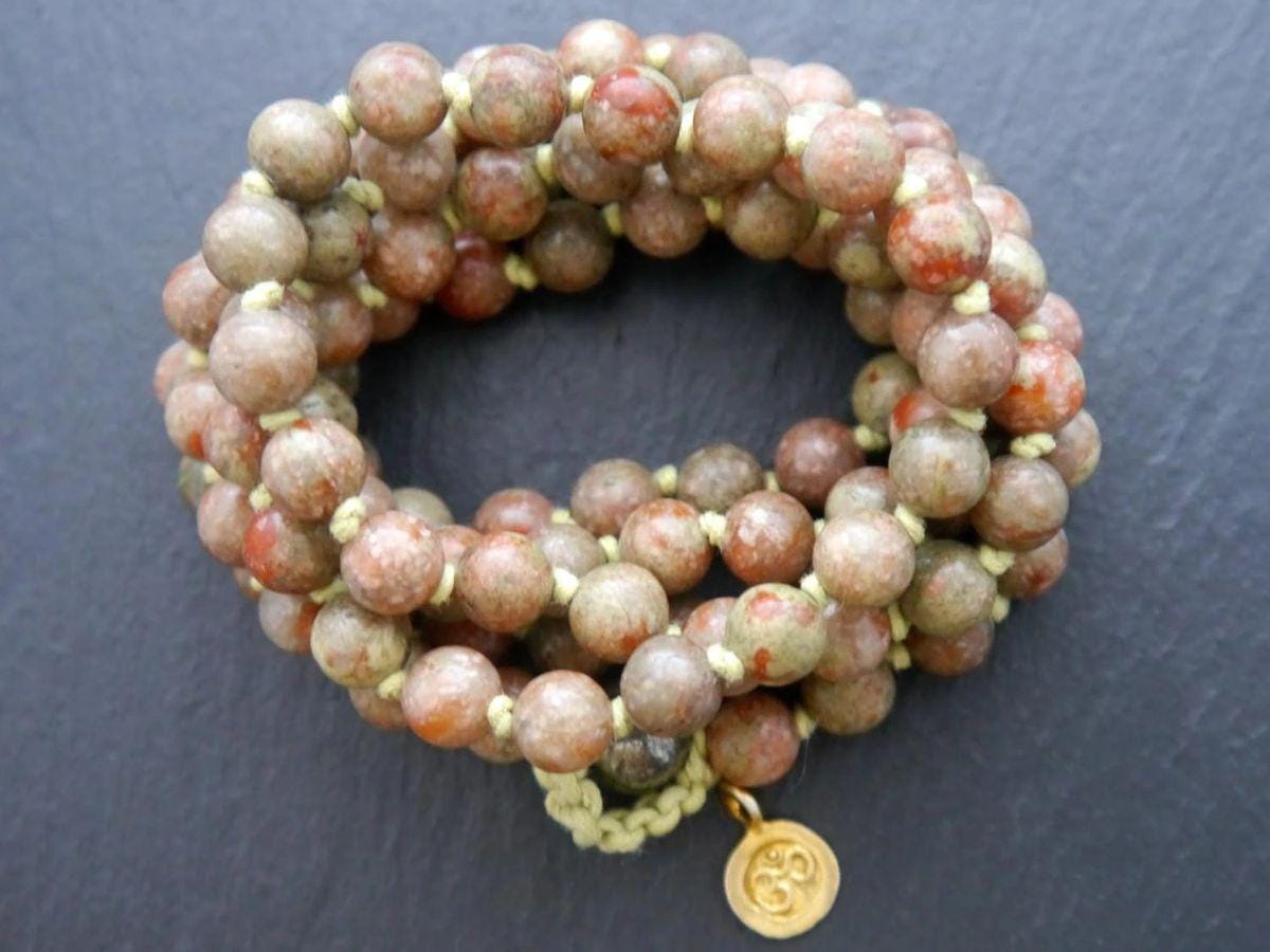 Autumn Jasper 108 Mala Beads, 108 Gemstone Beads, Wrap, Hand Knotted