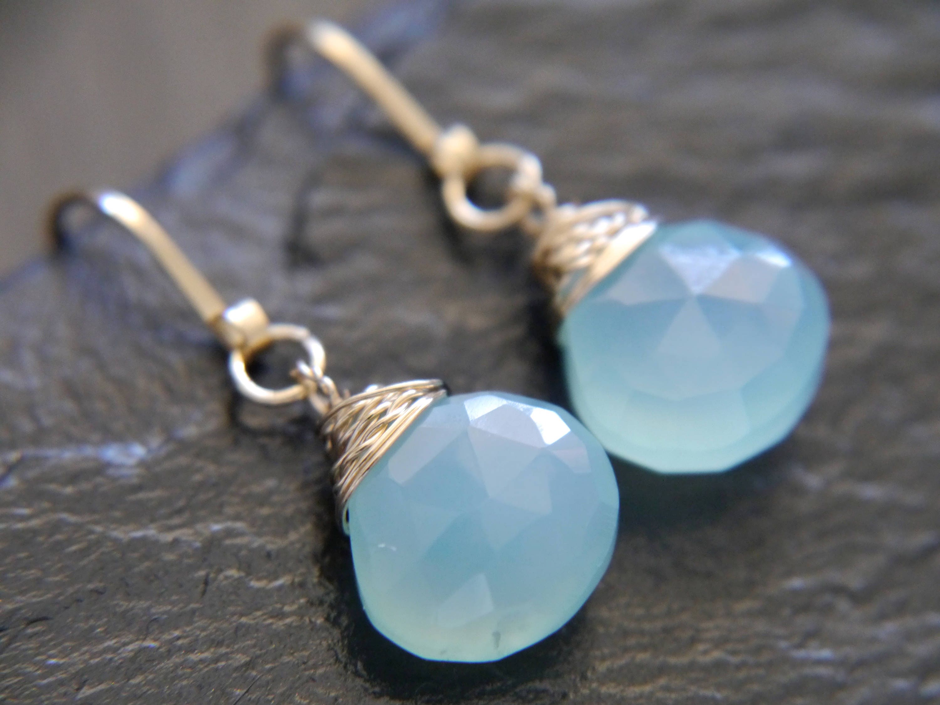 Aqua Chalcedony Heart Briolette Teardrop Gemstone Earrings, 14K Gold Filled Romantic Gift