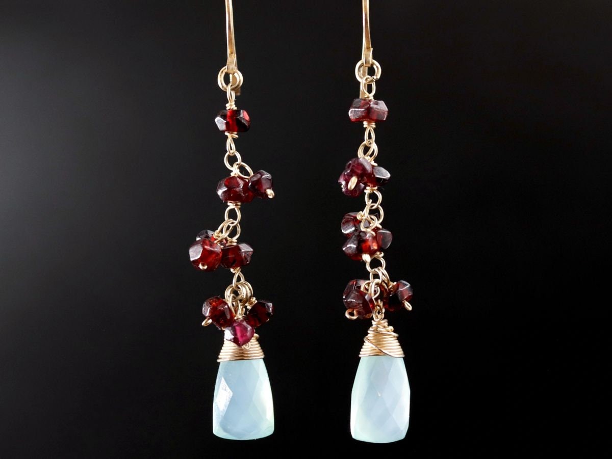 Garnet Aqua Chalcedony Briolette Dangle, Gemstone Earrings, 14K Gold Filled Boho Jewelry