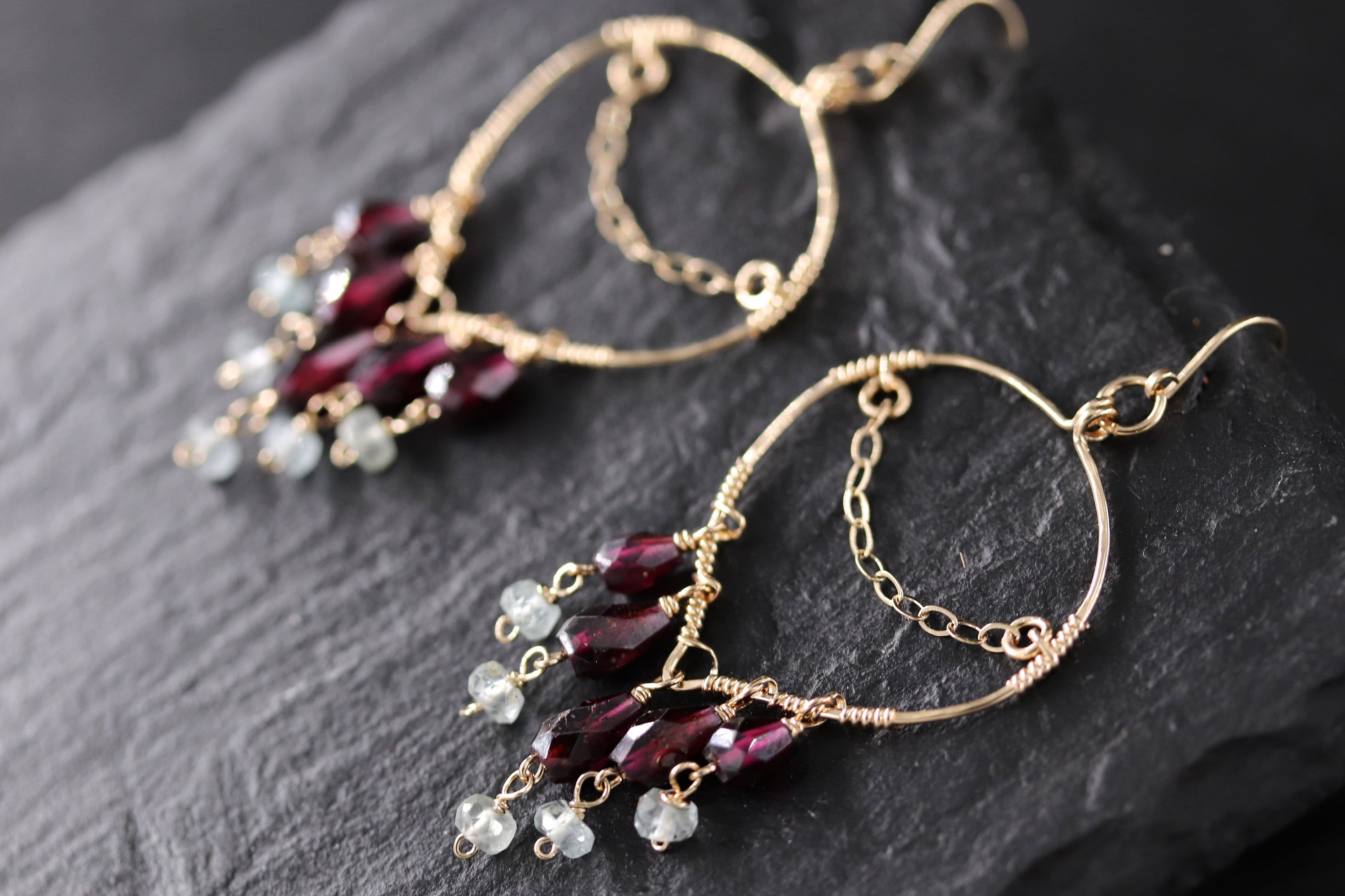 Garnet Aquamarine Fringe Earrings, 14K Gold Filled Long Dangle, Boho Statement