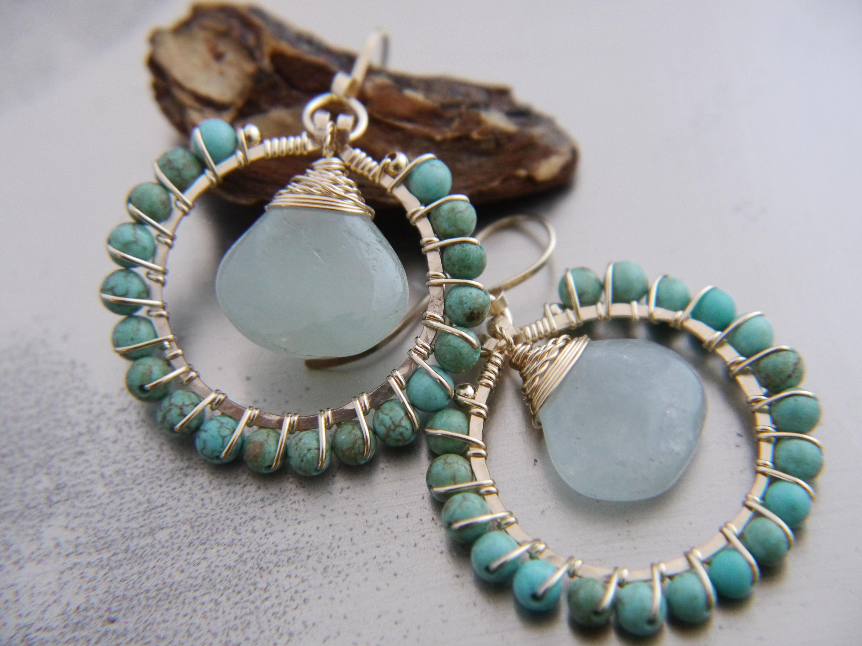 Turquoise Magensite Aquamarine Teardrop Hoop Gemstone Earrings, 14K Gold Filled