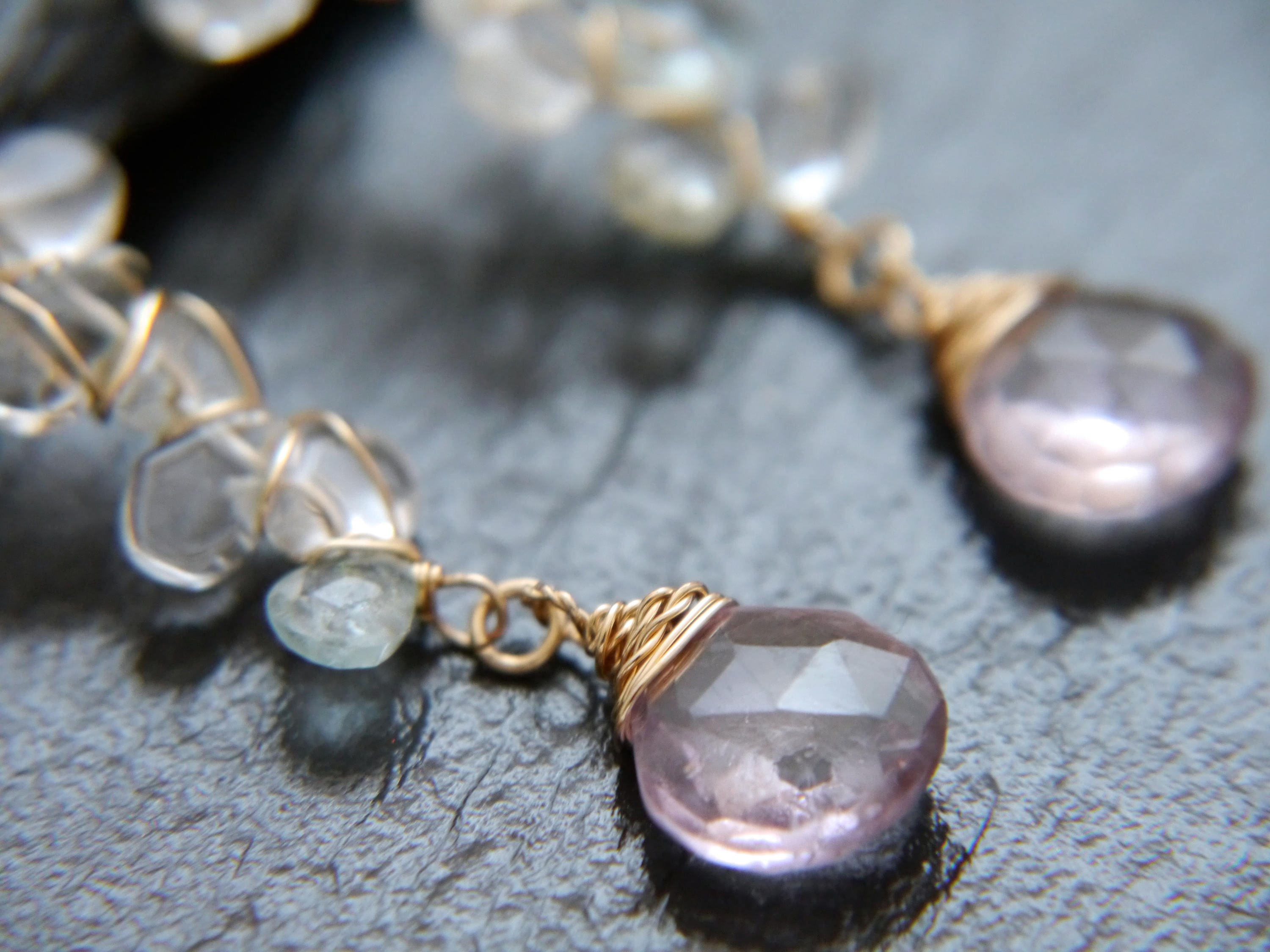 Aquamarine Amethyst Long Dangle Floral Gemstone Earrings, 14K Gold Filled  Wedding