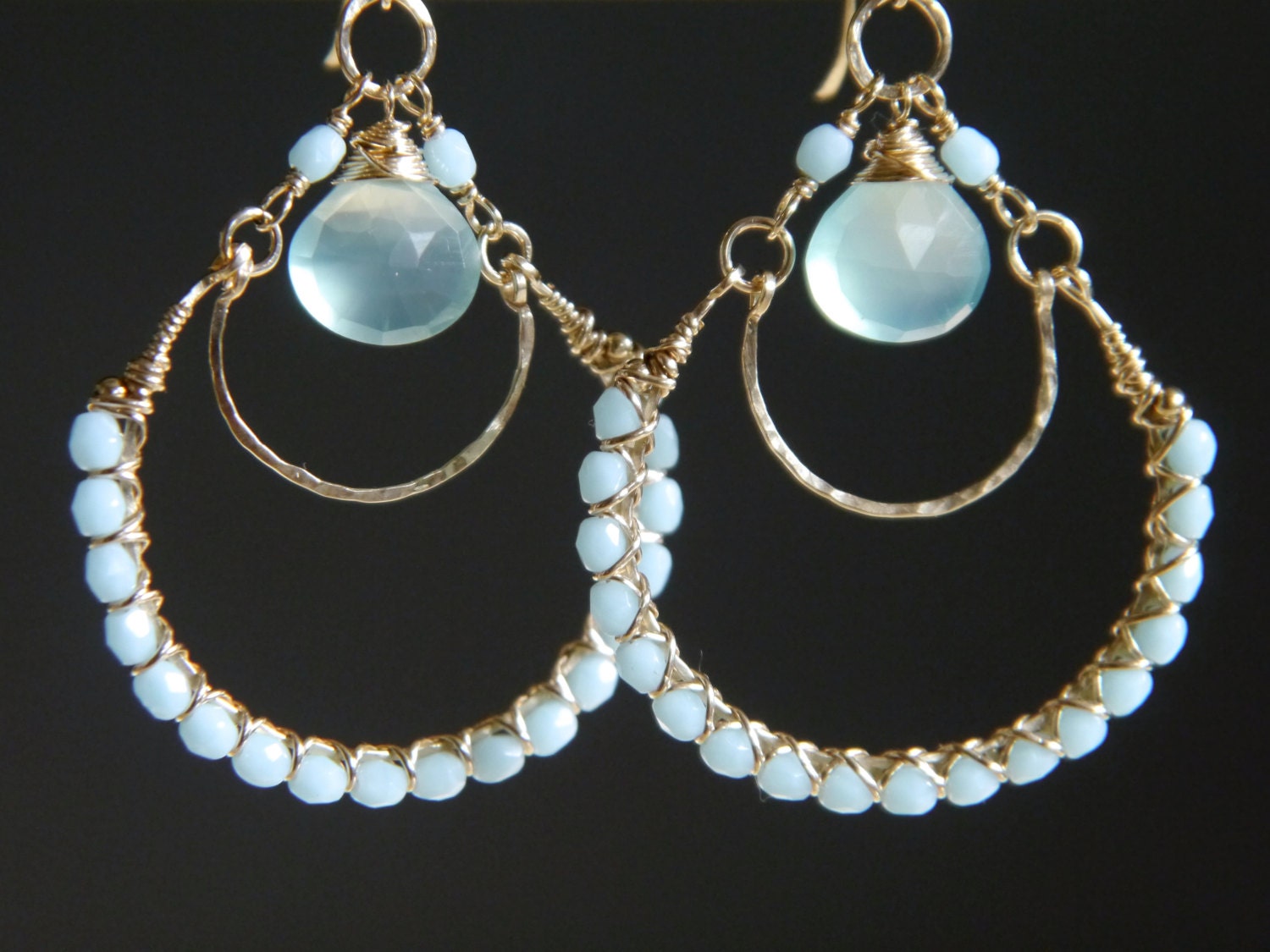Aqua Chalcedony Briolette Chandelier Earrings, 14K Gold Filled Boho Dangle, Statement Jewelry