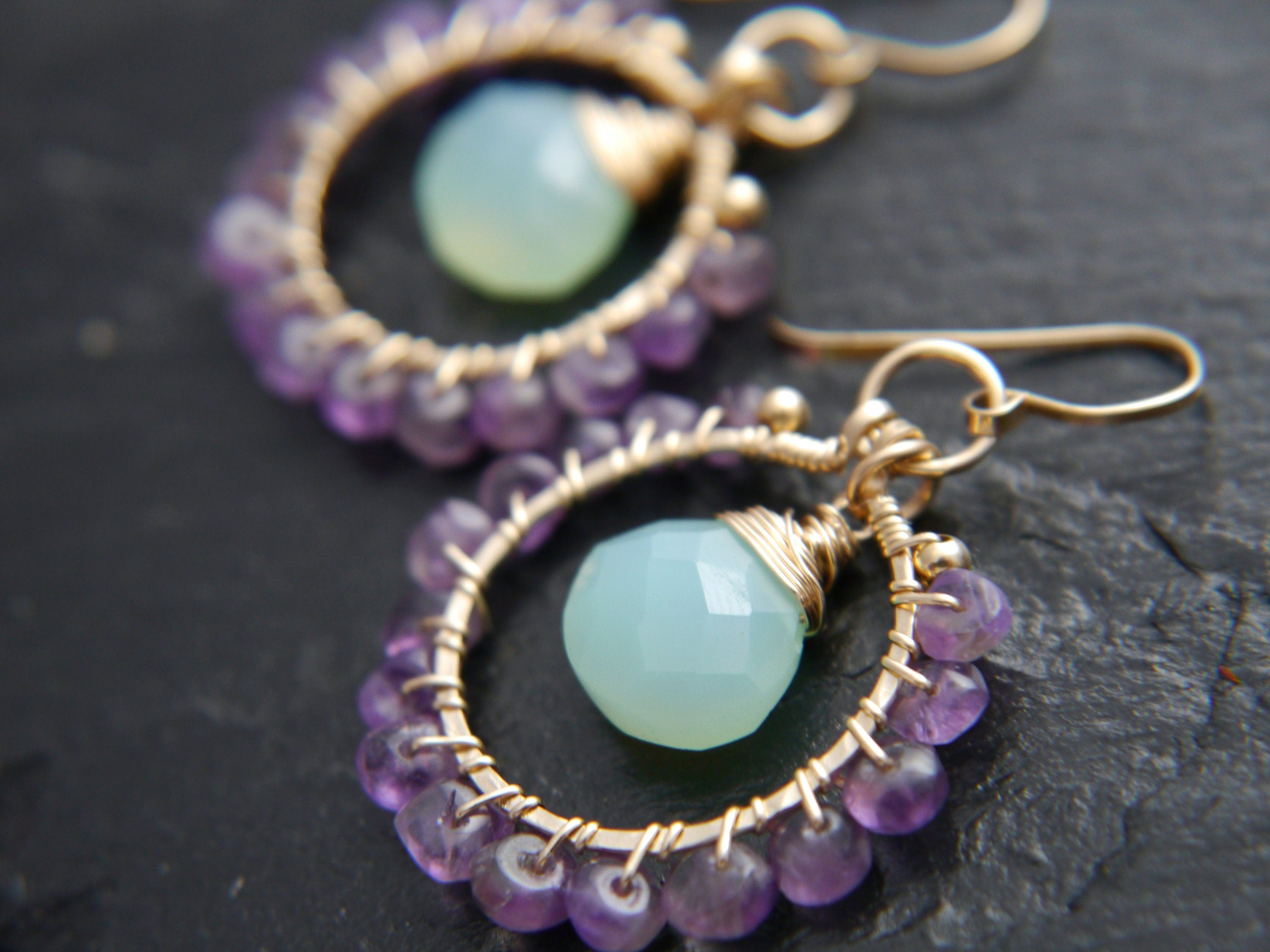 Amethyst Aqua Chalcedony Hoop Earrings, 14K Gold Filled Gemstone Hoops, Boho Jewelry