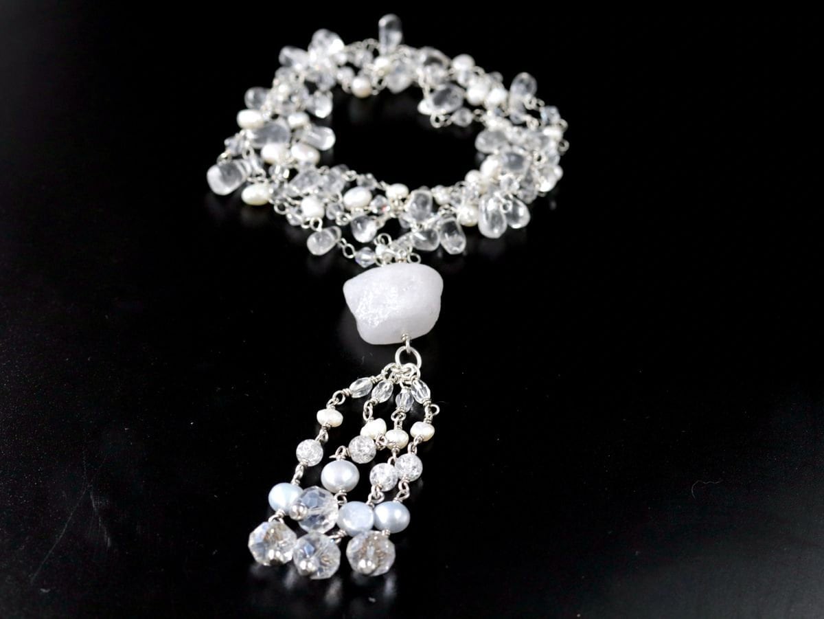Pink Pearl Rosary Chain Lariat Y Tassel Gemstone Necklace, Sterling Silver, Bohemian