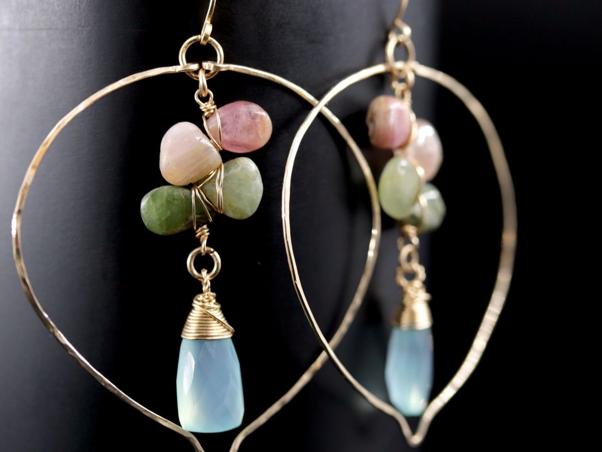 Aqua Chalcedony Tourmaline Floral Chandelier Gemstone Earrings, 14K Gold Filled
