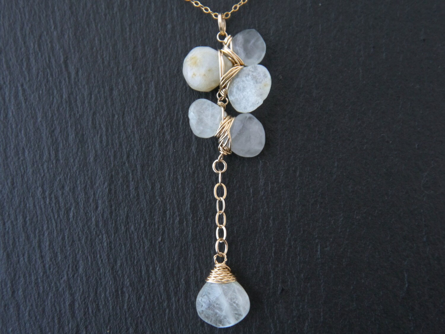 Aquamarine Lariat Y Pendant Gemstone Necklace, 14K Gold Filled Bohemian Bride